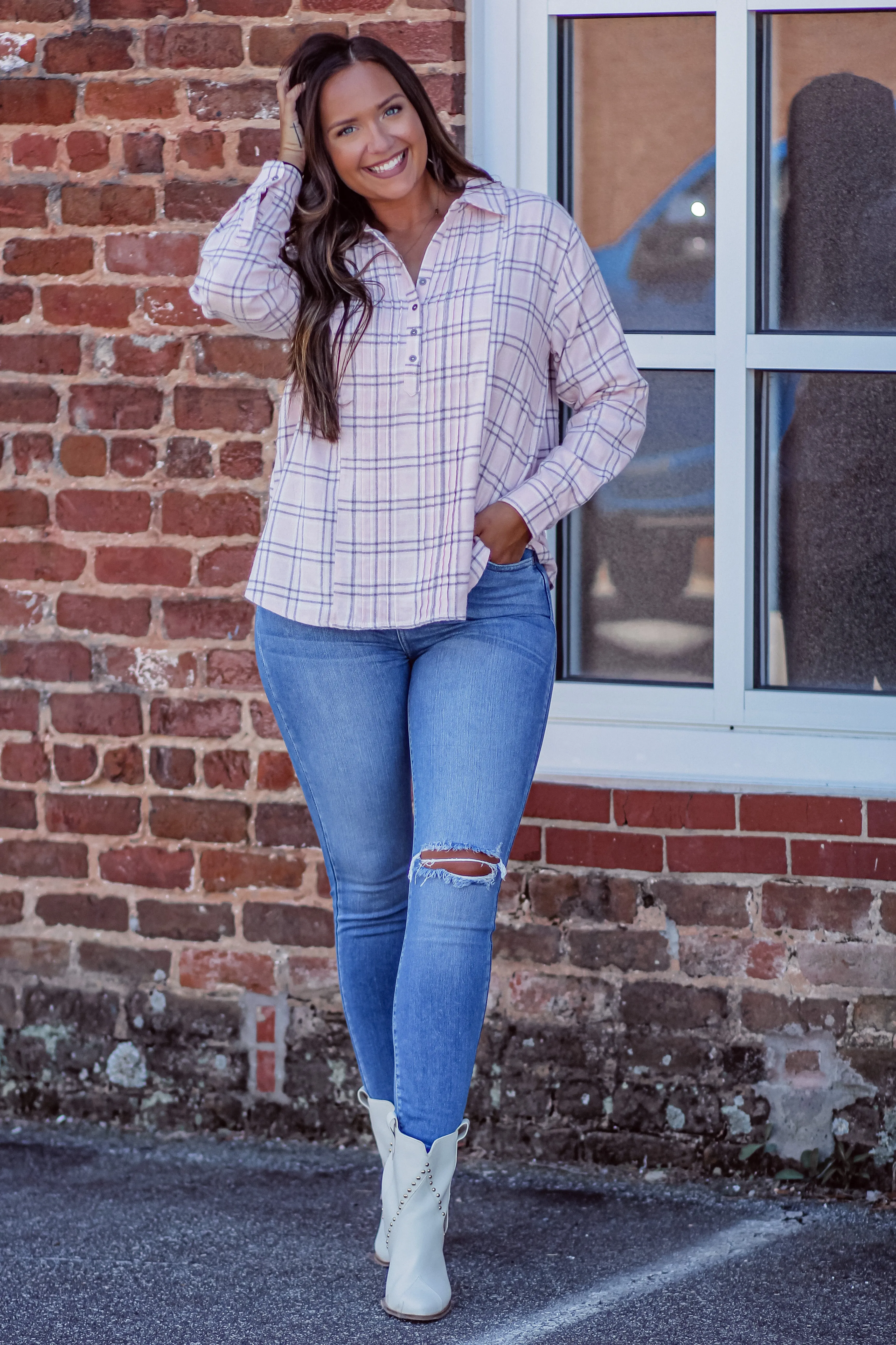 Baby Pink & Charcoal Plaid Button Up Blouse