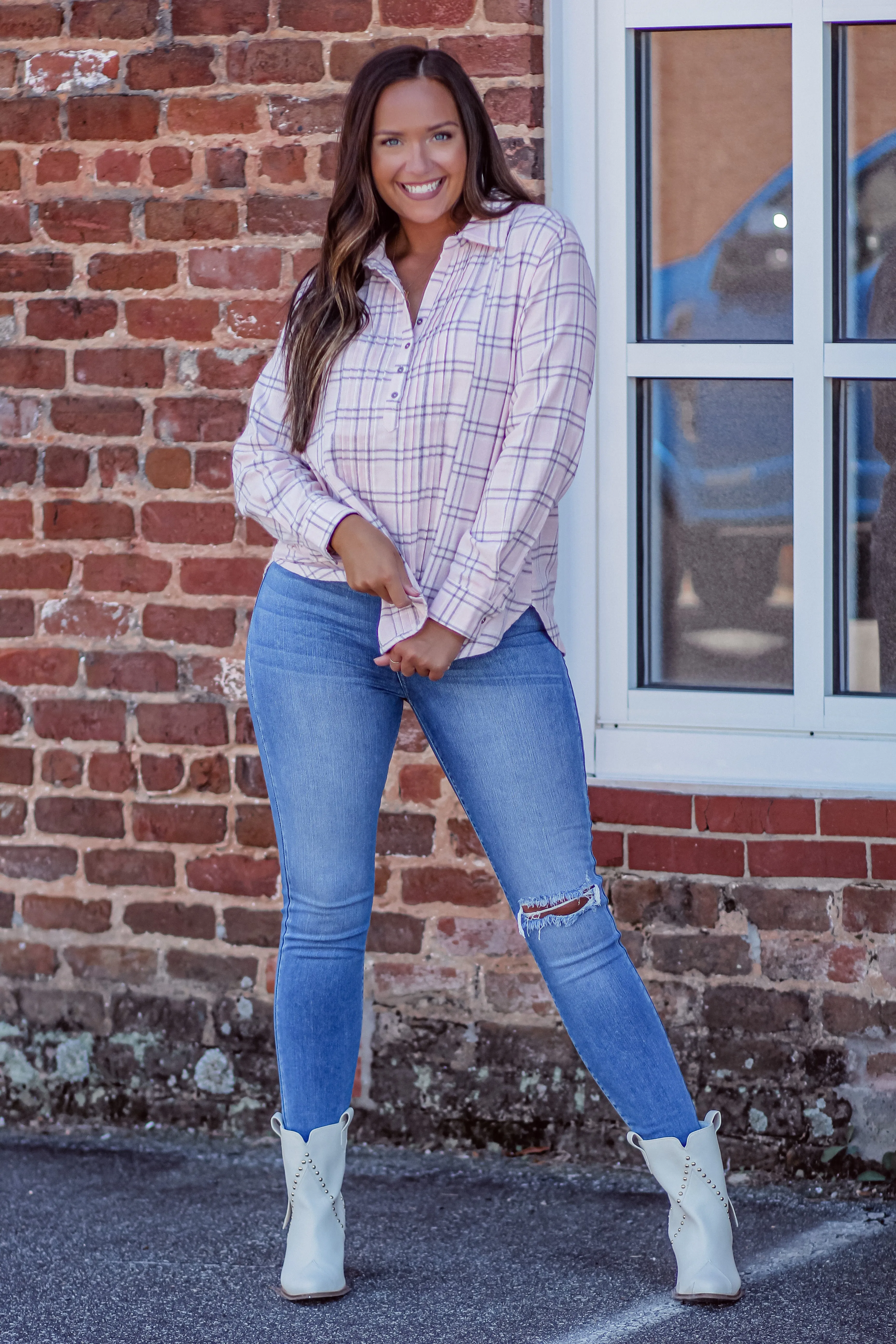 Baby Pink & Charcoal Plaid Button Up Blouse