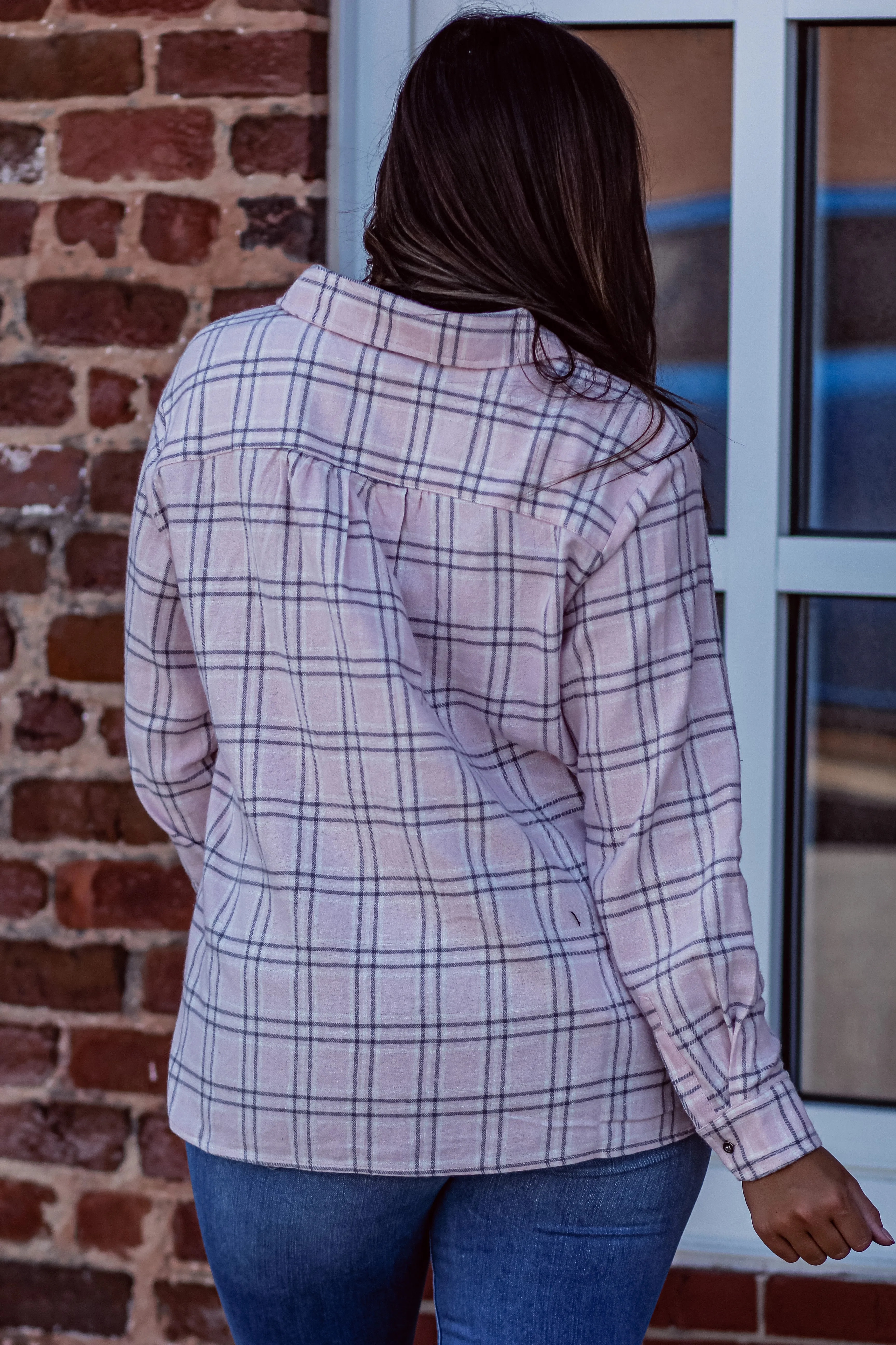 Baby Pink & Charcoal Plaid Button Up Blouse