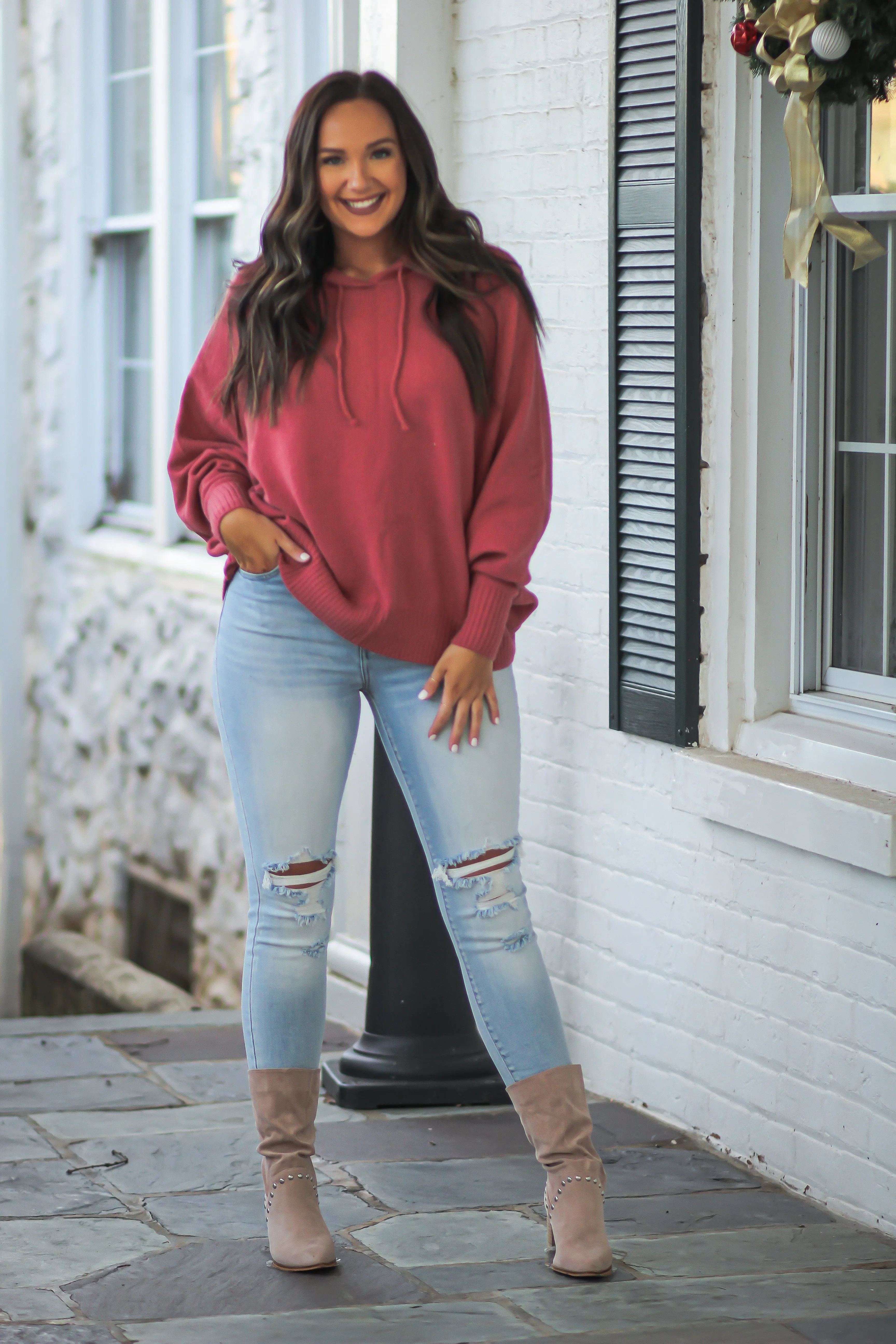 Berry Brushed Hooded Sweater