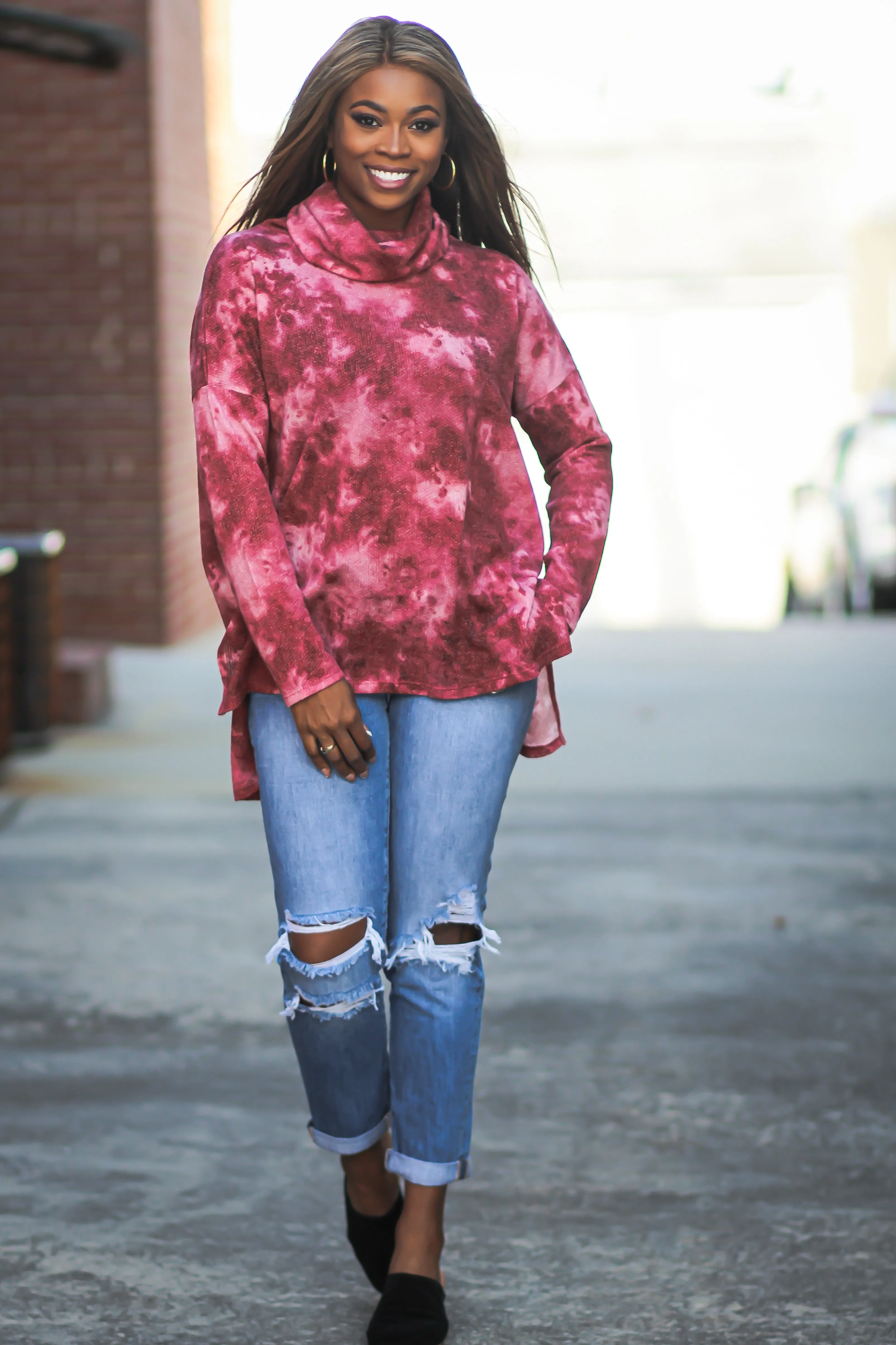Berry Tie Dye Cowl Neck High Low Top