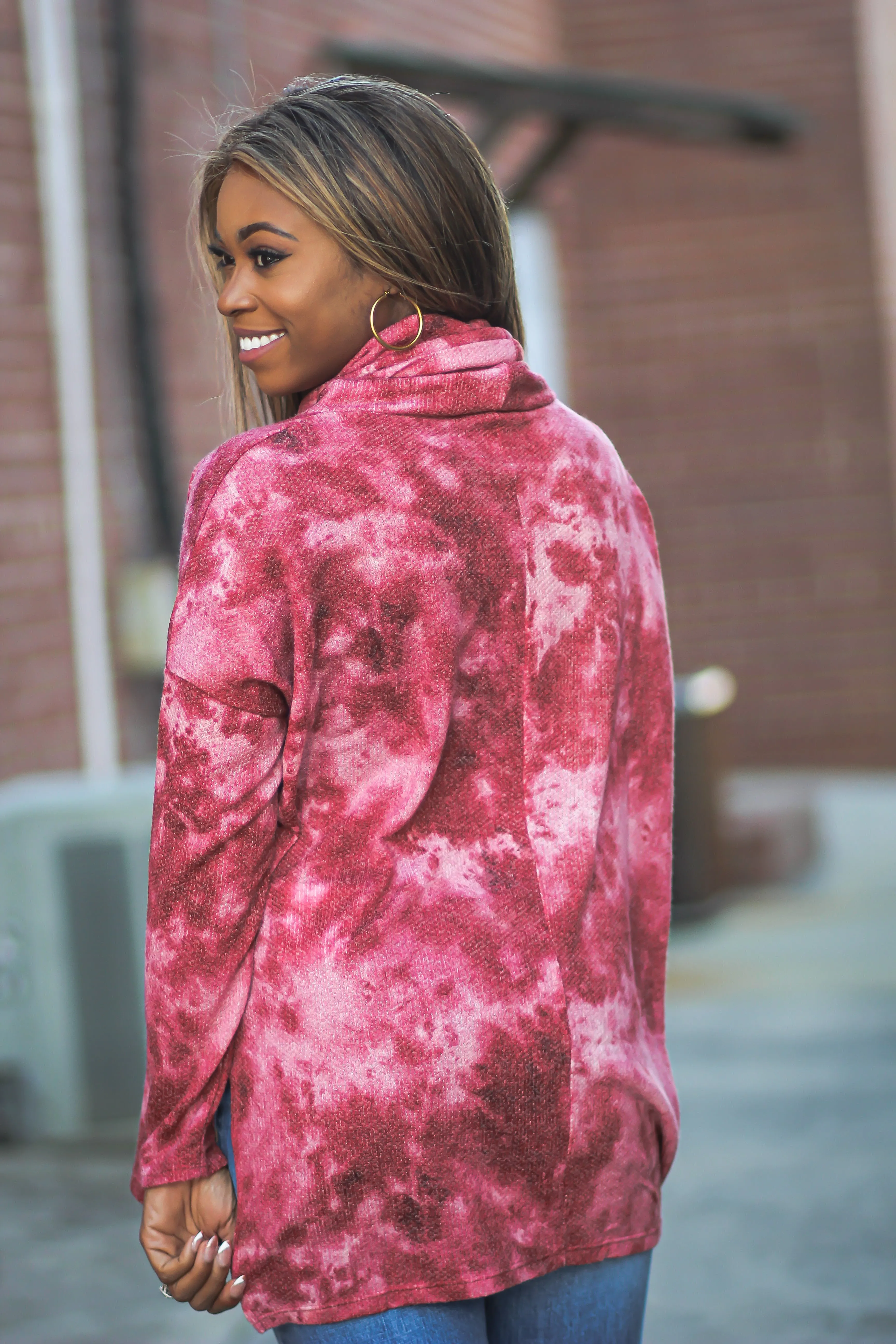 Berry Tie Dye Cowl Neck High Low Top