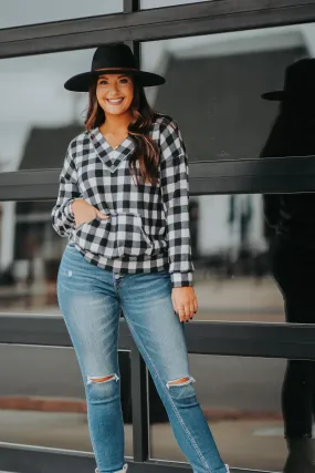Black & Ivory Buffalo Plaid Hacci Knit Hoodie Top