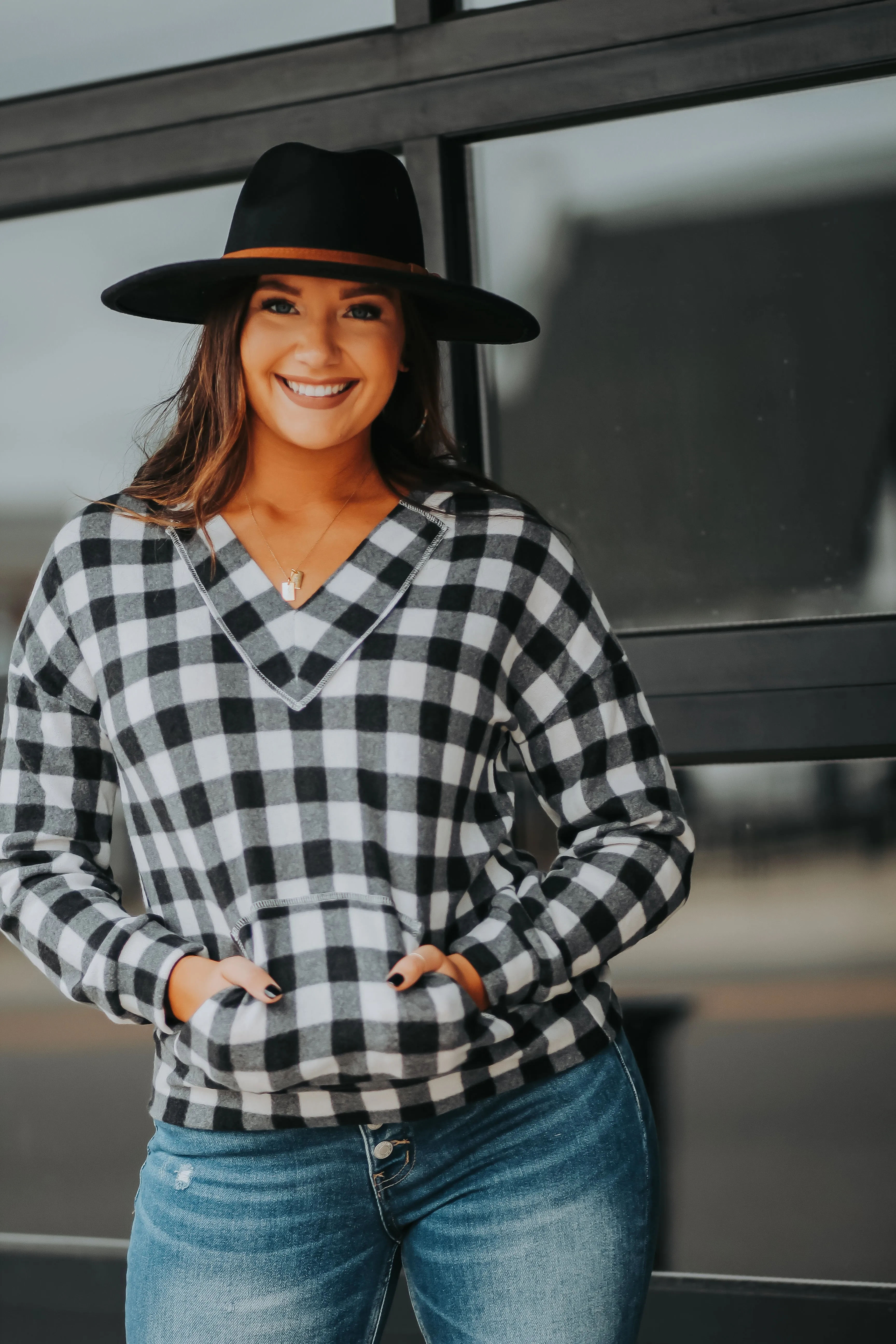 Black & Ivory Buffalo Plaid Hacci Knit Hoodie Top