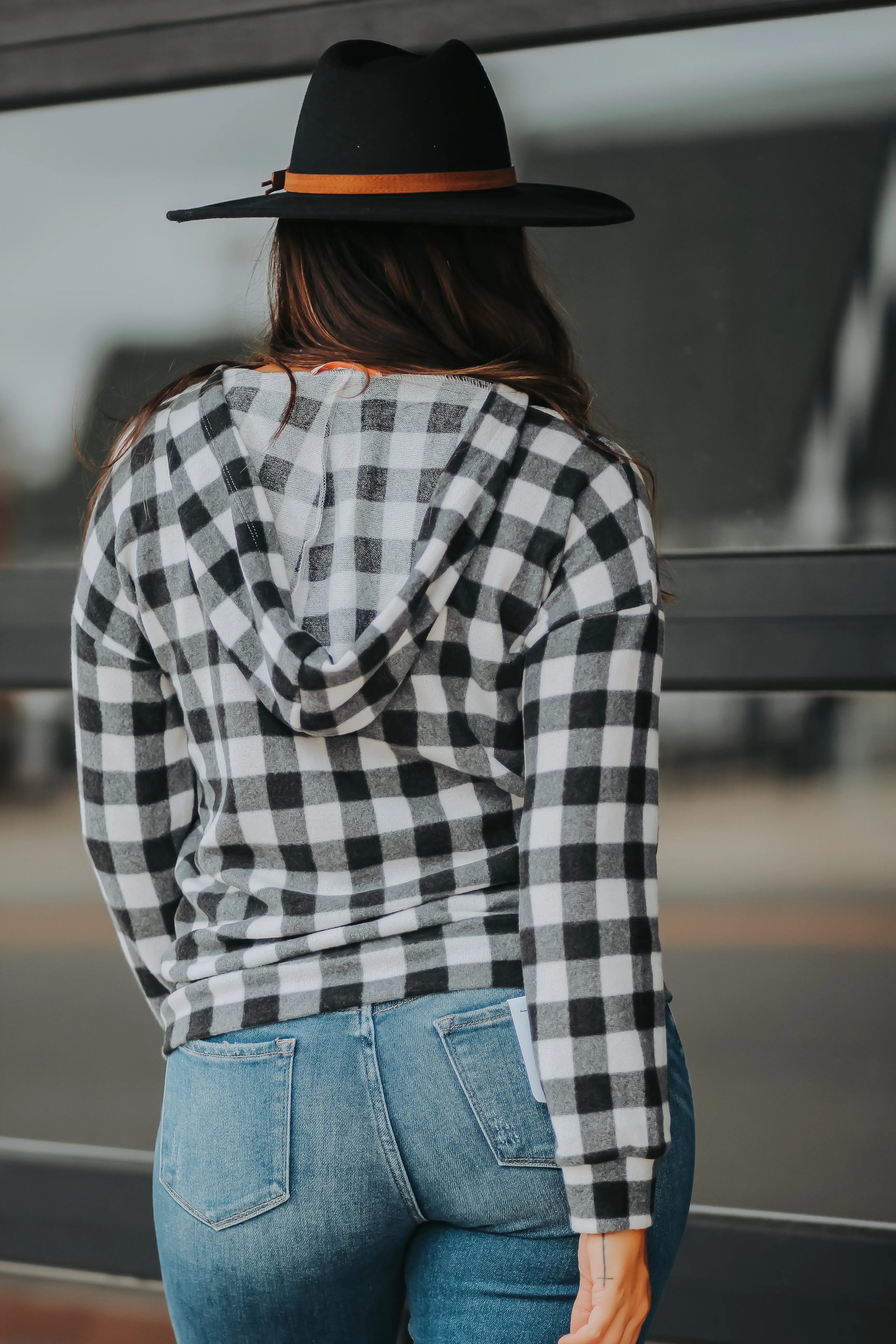 Black & Ivory Buffalo Plaid Hacci Knit Hoodie Top