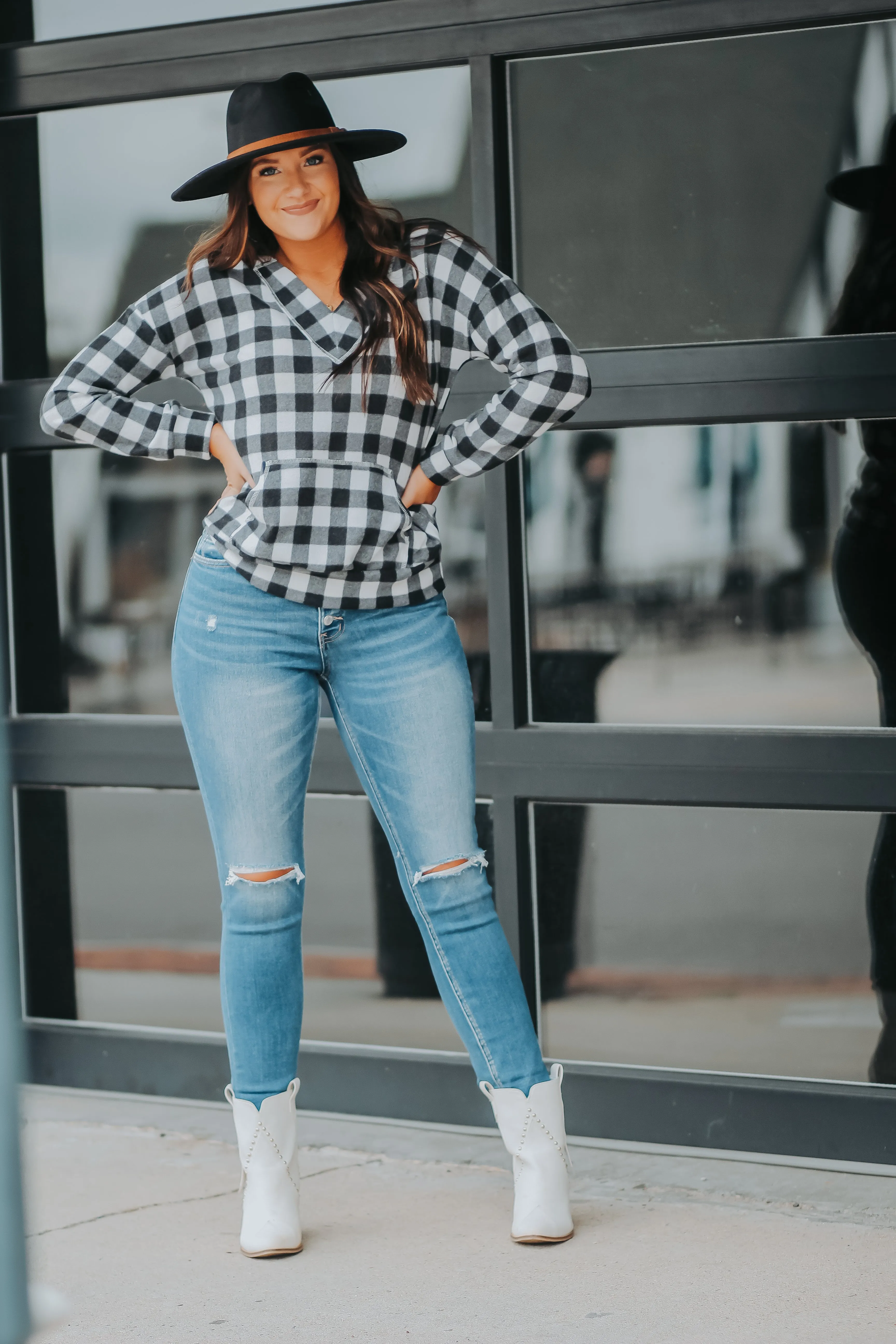 Black & Ivory Buffalo Plaid Hacci Knit Hoodie Top