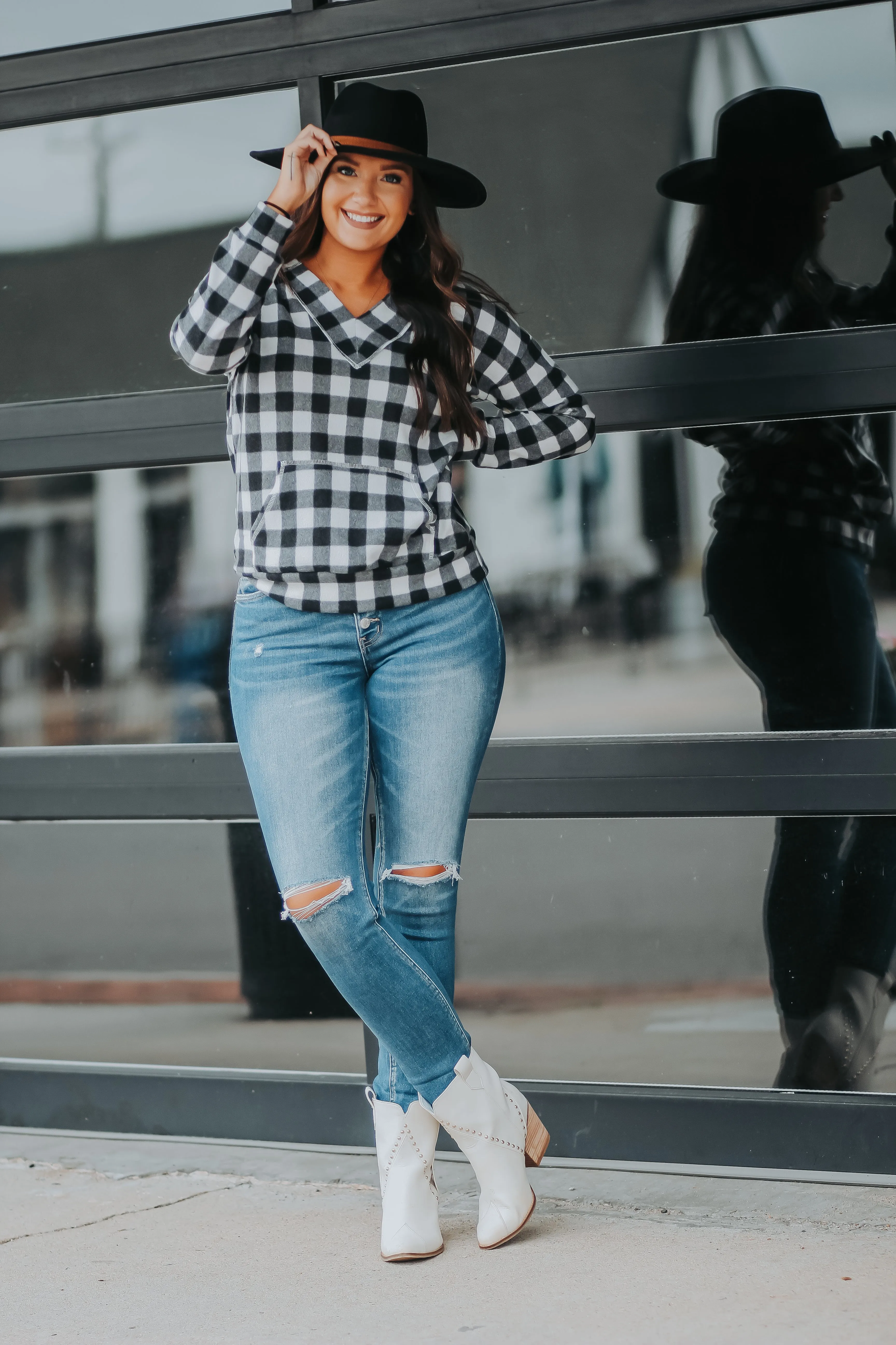 Black & Ivory Buffalo Plaid Hacci Knit Hoodie Top