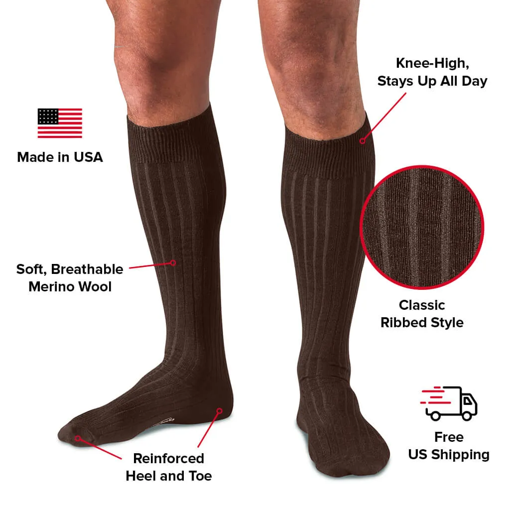 Brown Merino Wool Over the Calf Dress Socks