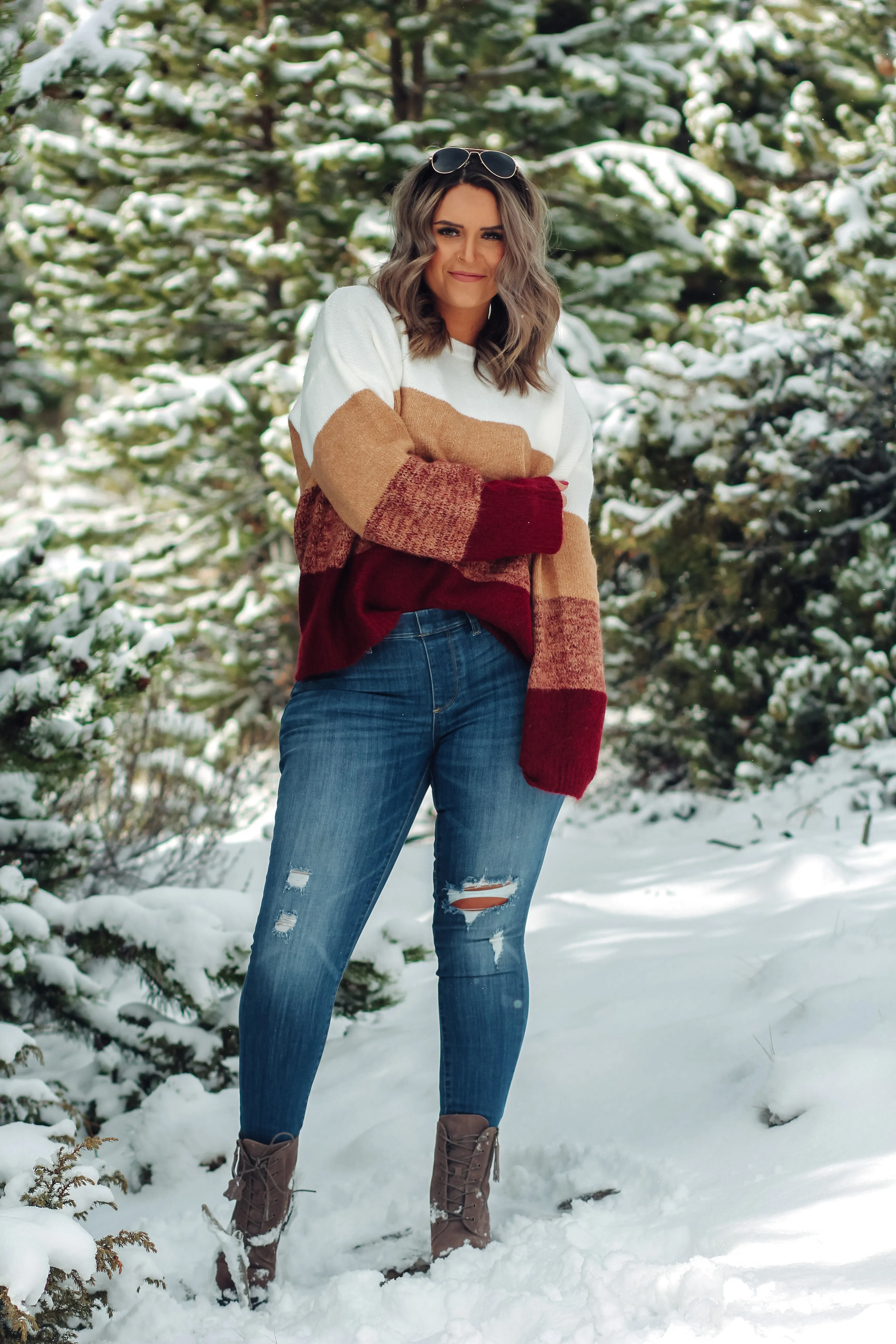 Camel & Wine Colorblock Knit Sweater