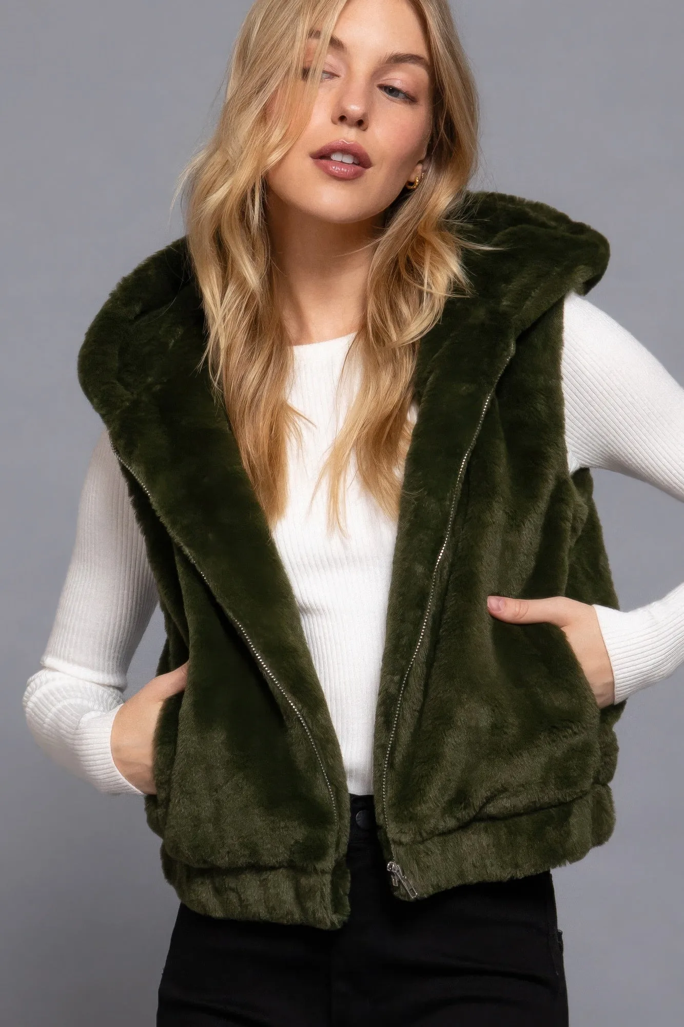 Cozy Hoodie Faux Fur Vest Faux Relaxed Fit
