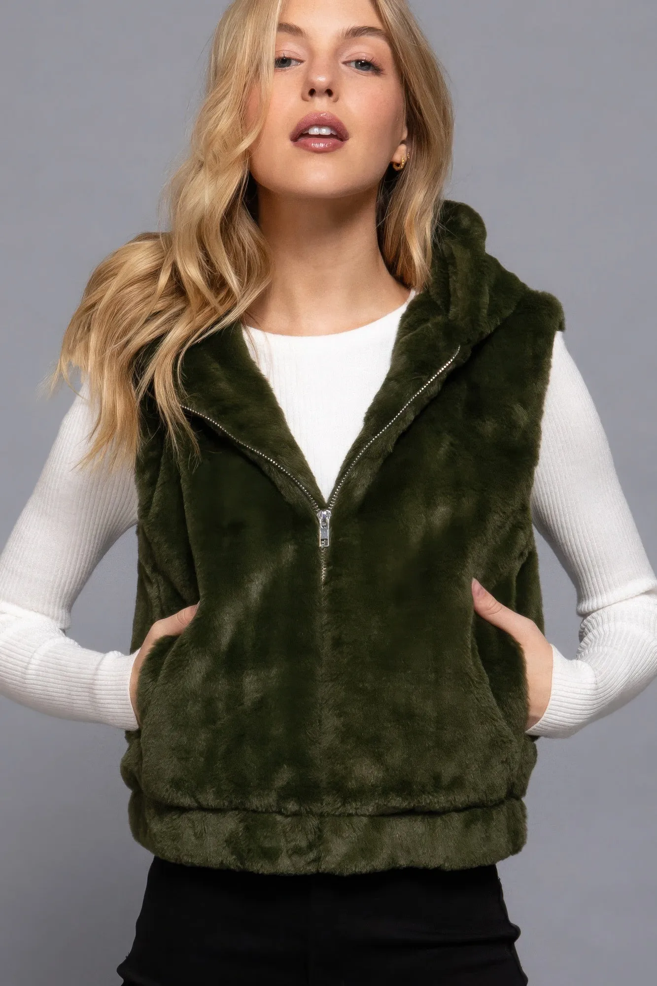 Cozy Hoodie Faux Fur Vest Faux Relaxed Fit