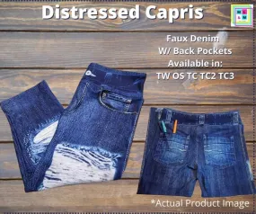 Distressed Faux Denim Capris Leggings