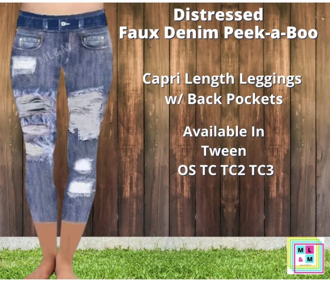 Distressed Faux Denim Capris Leggings