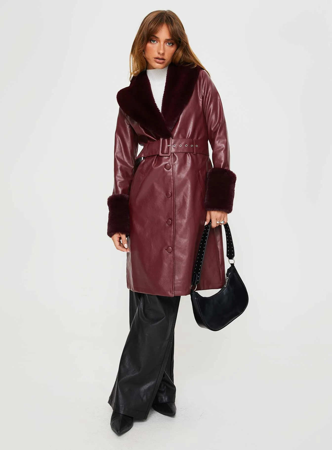 Fashionkova Brooklyn Faux Leather Longline Coat Burgundy