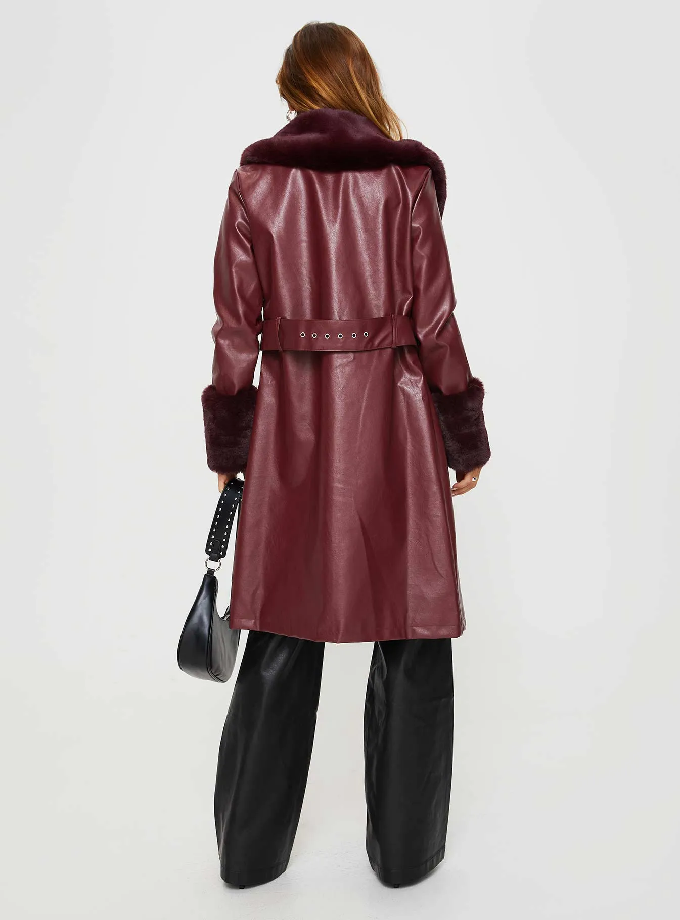 Fashionkova Brooklyn Faux Leather Longline Coat Burgundy
