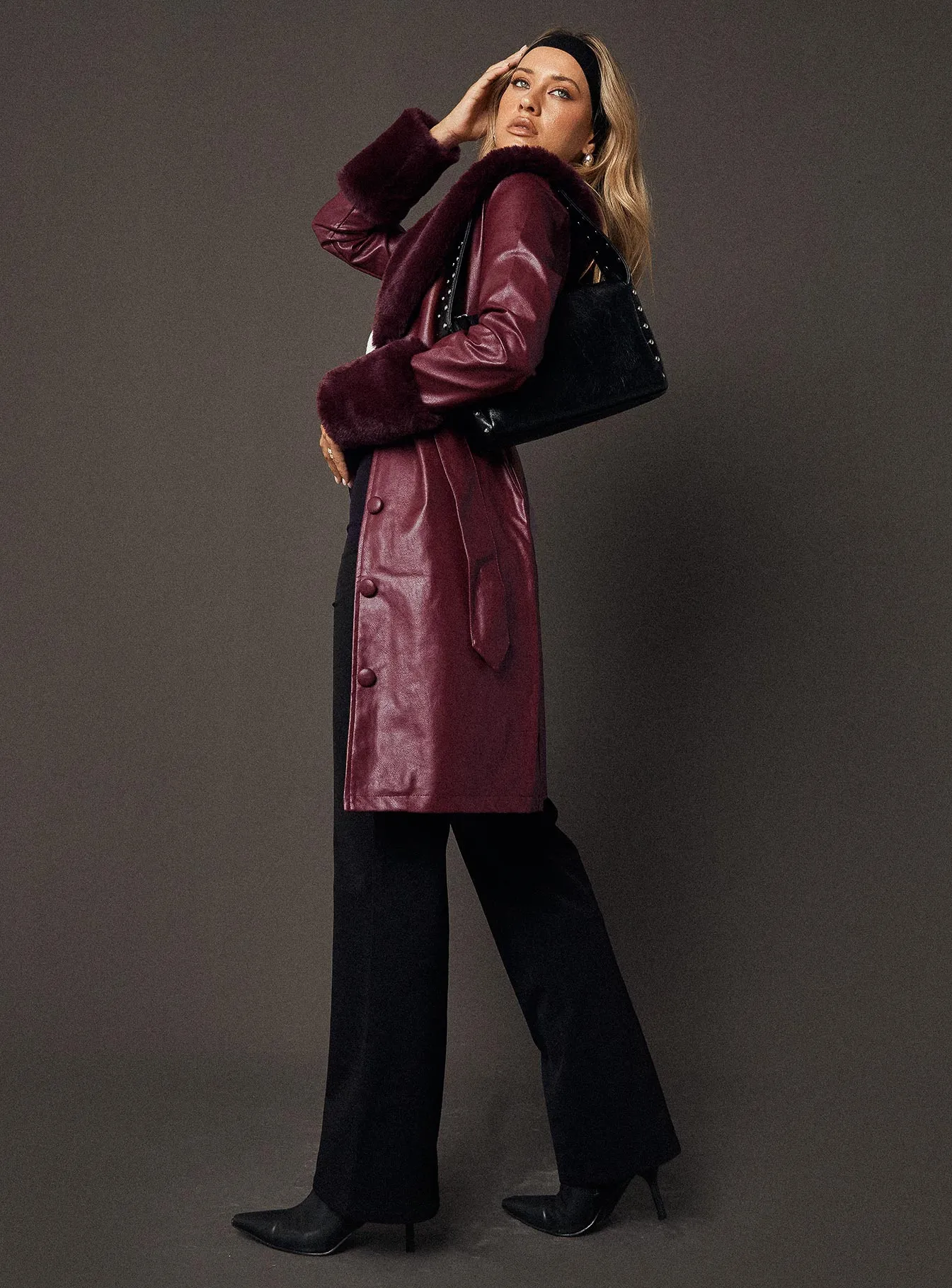 Fashionkova Brooklyn Faux Leather Longline Coat Burgundy