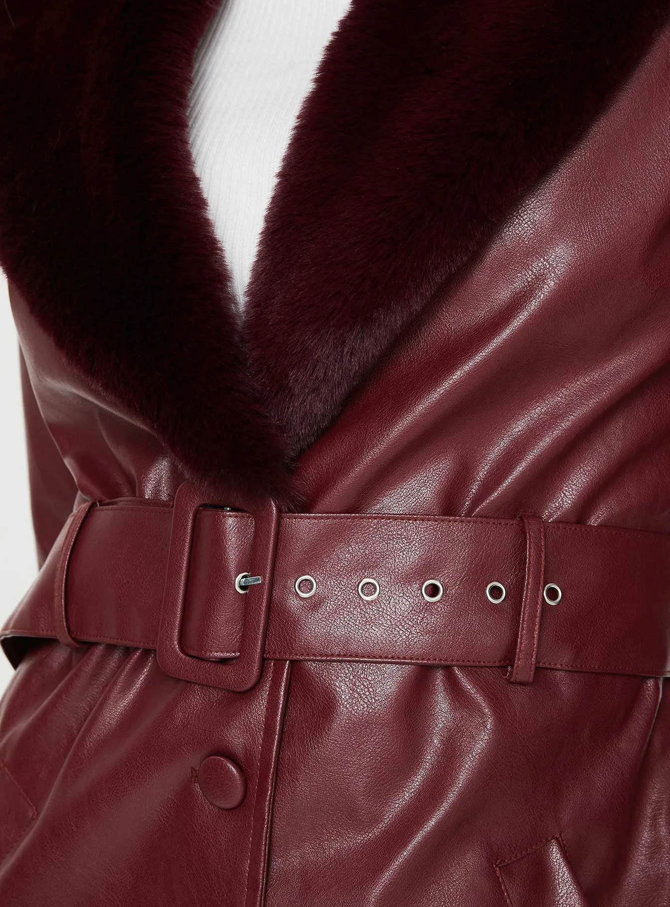 Fashionkova Brooklyn Faux Leather Longline Coat Burgundy