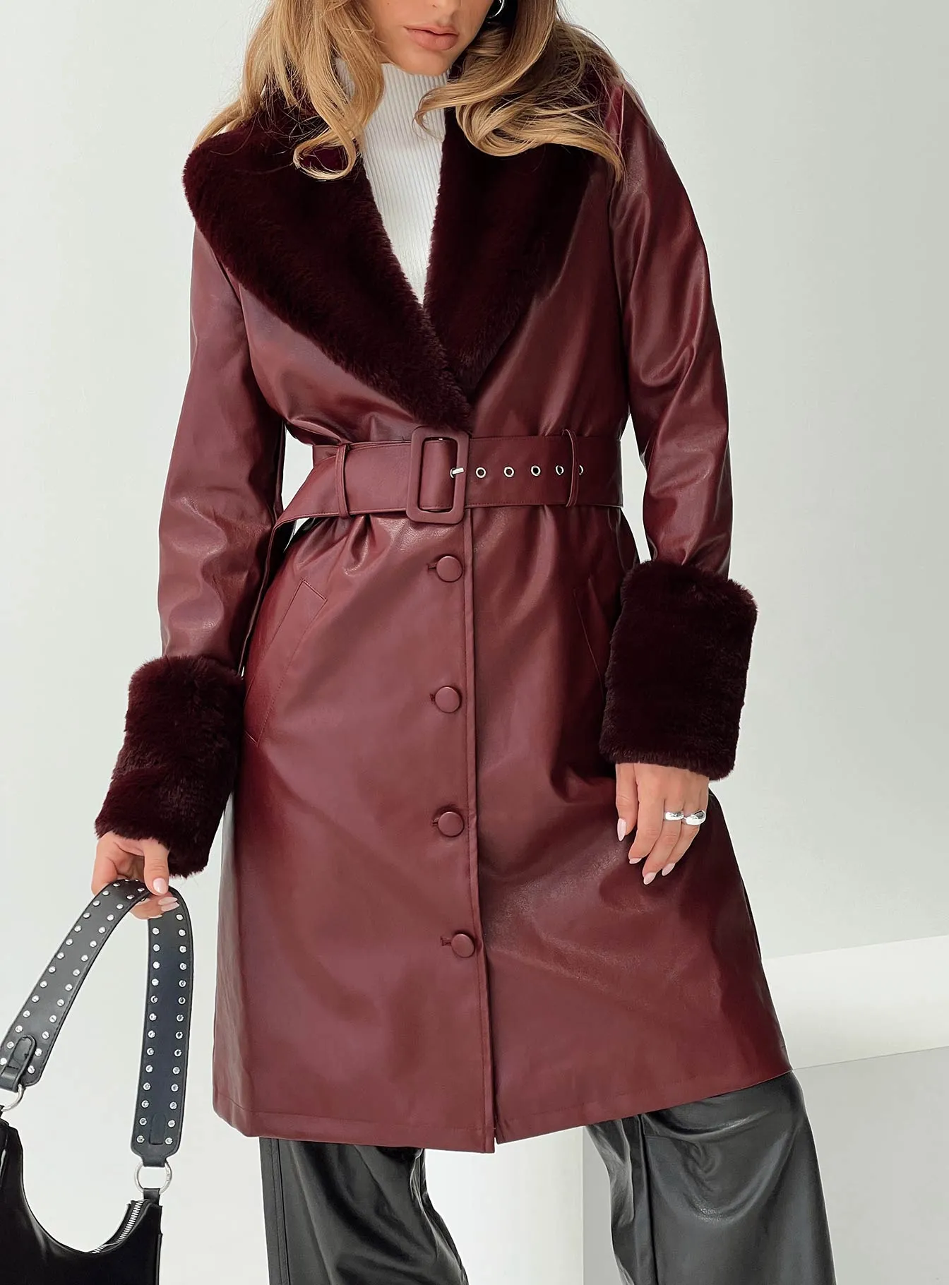 Fashionkova Brooklyn Faux Leather Longline Coat Burgundy