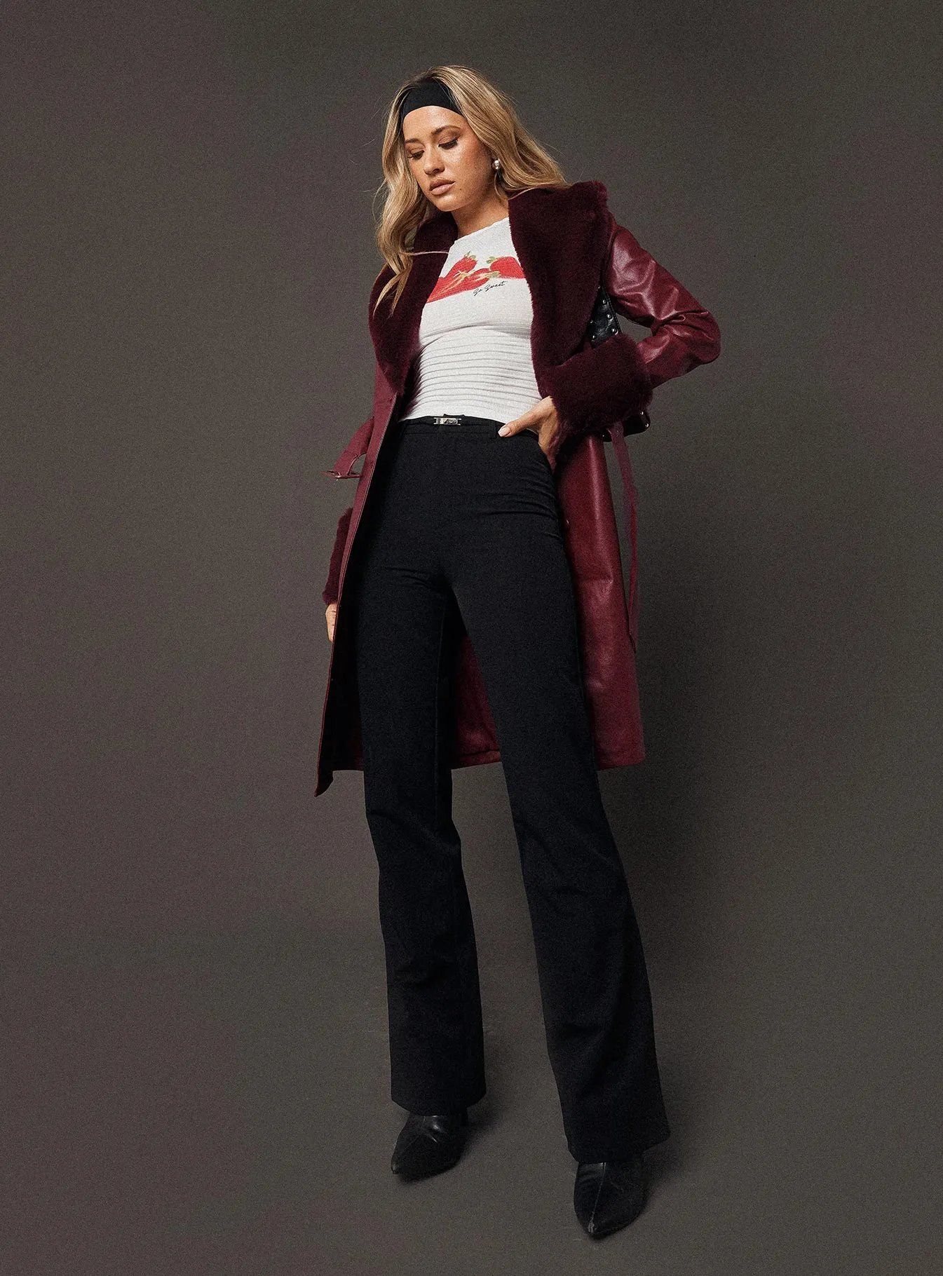 Fashionkova Brooklyn Faux Leather Longline Coat Burgundy