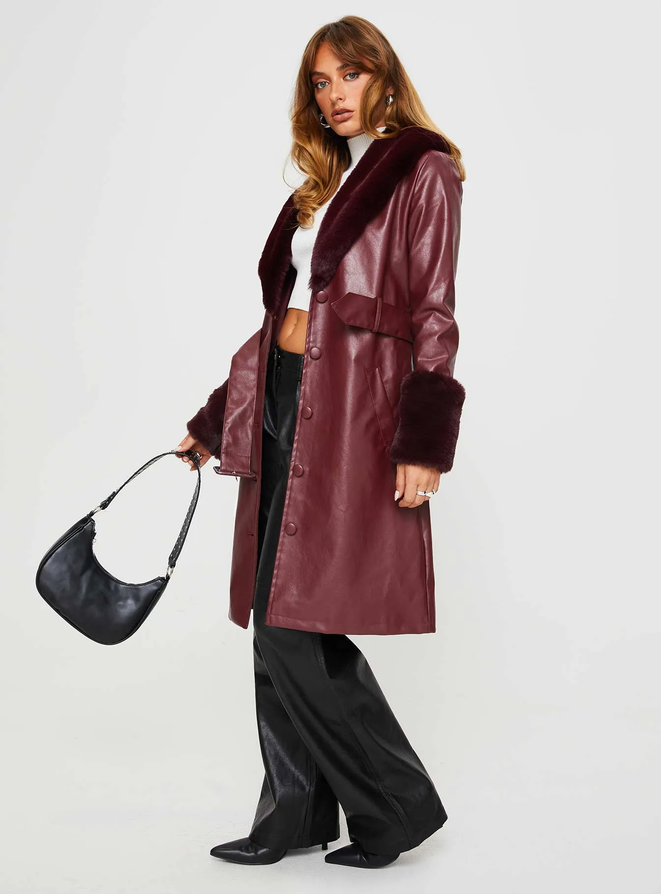 Fashionkova Brooklyn Faux Leather Longline Coat Burgundy