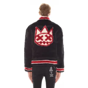 FAUX FUR VARSITY JACKET IN BLACK