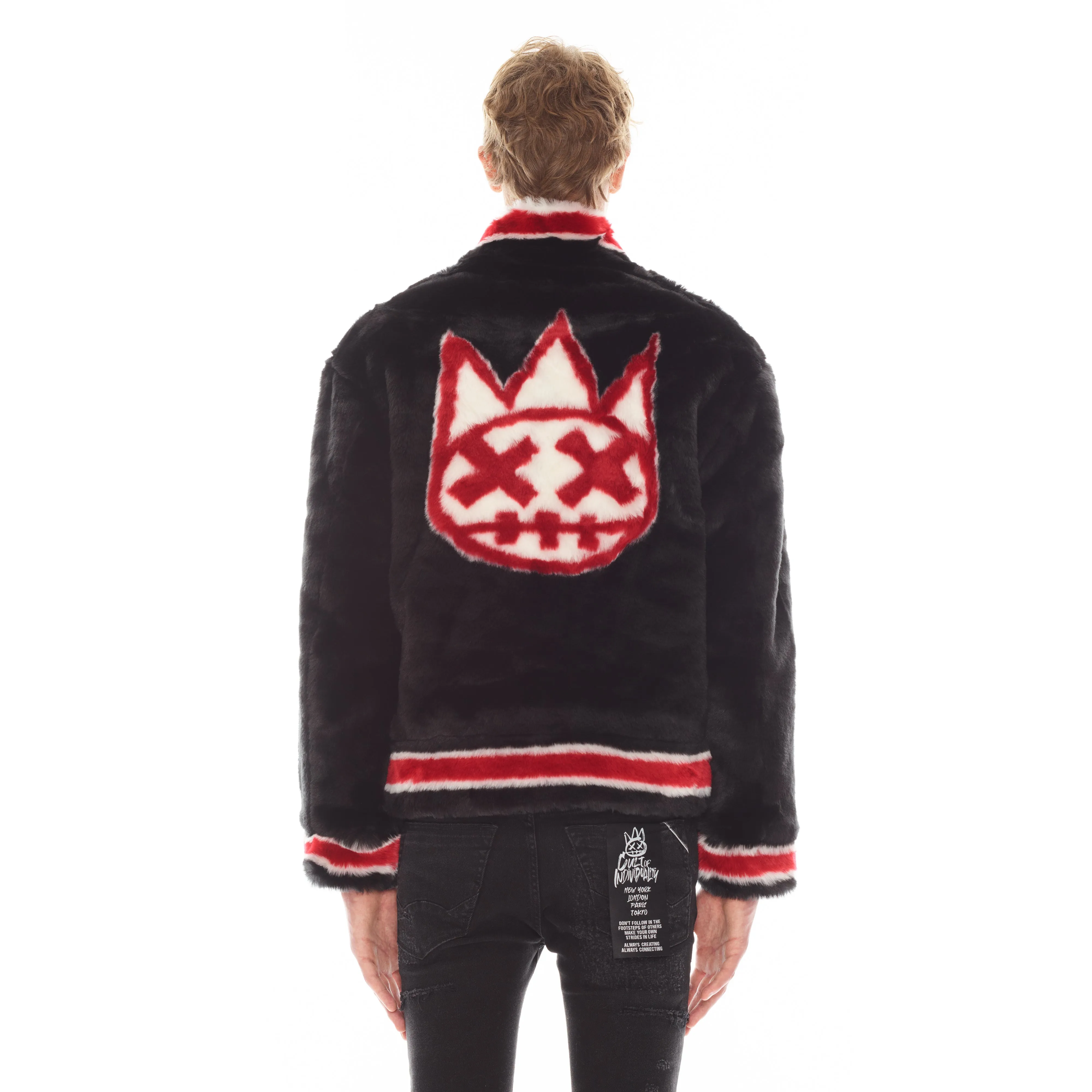 FAUX FUR VARSITY JACKET IN BLACK