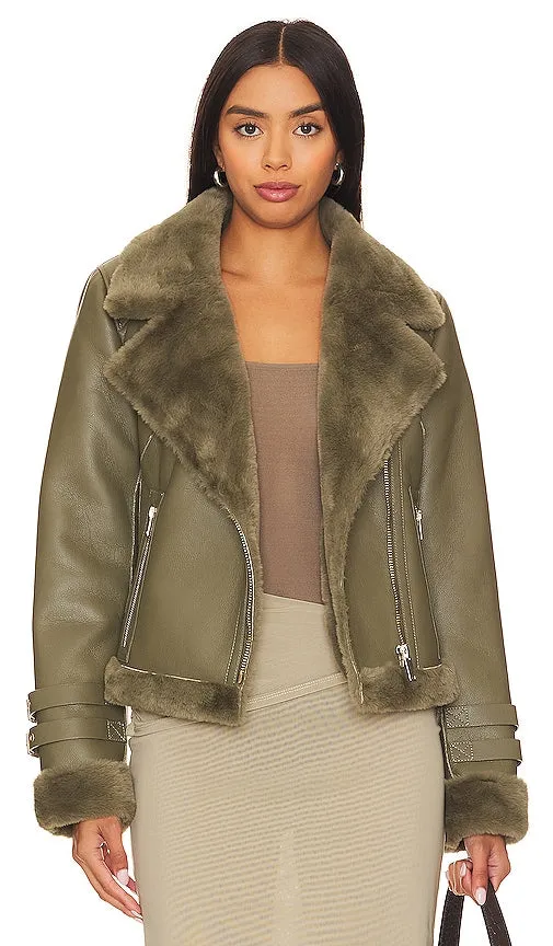 Generation Love Dion Faux Fur Moto Jacket in Olive