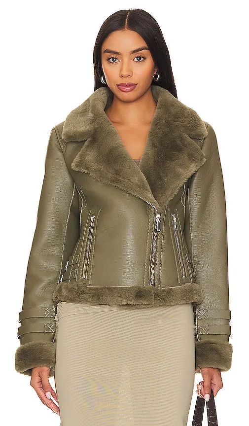 Generation Love Dion Faux Fur Moto Jacket in Olive