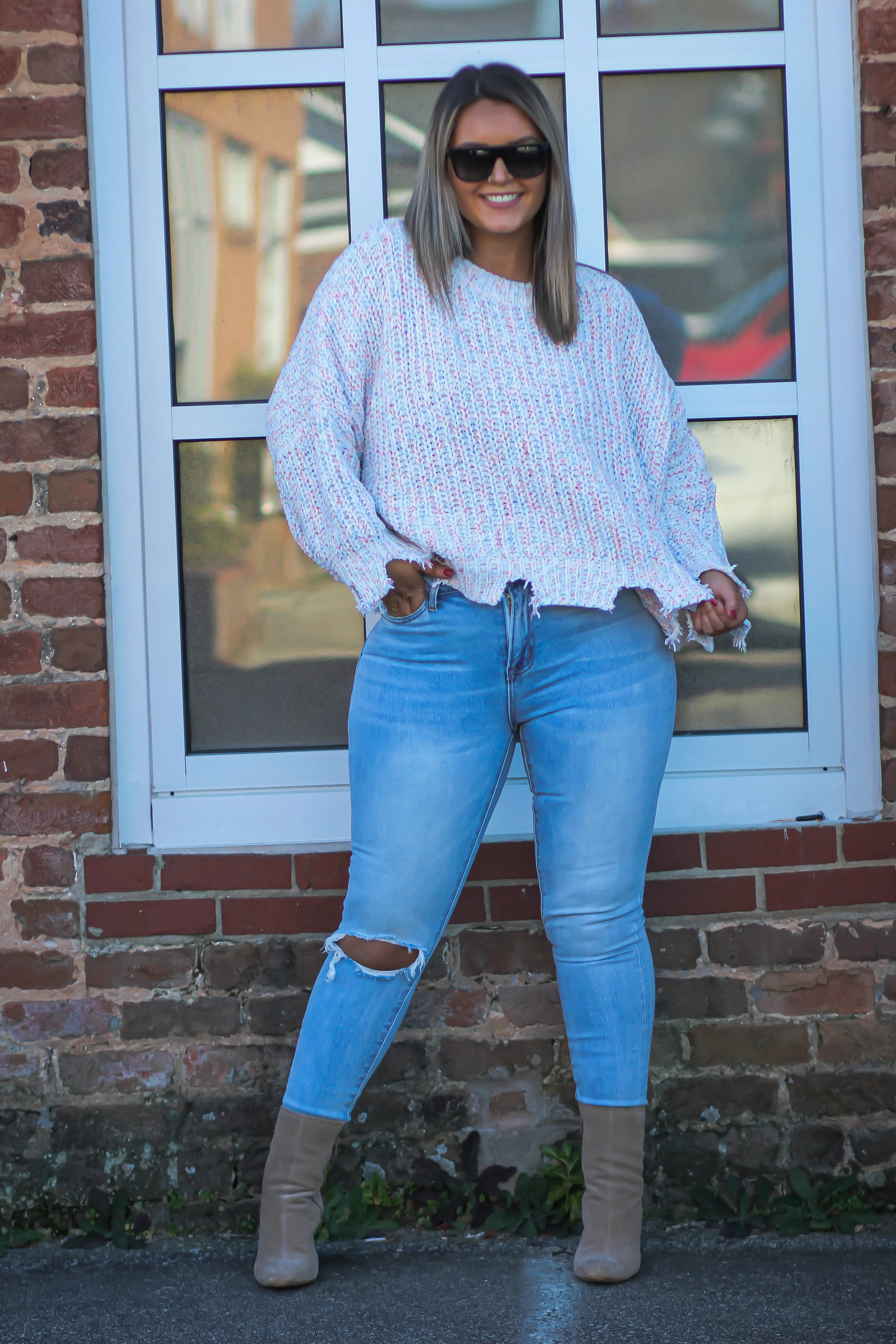 Ivory Multi Color Distressed Hem Sweater
