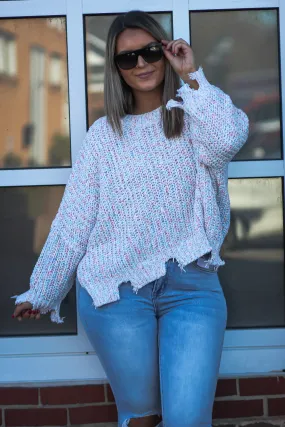 Ivory Multi Color Distressed Hem Sweater