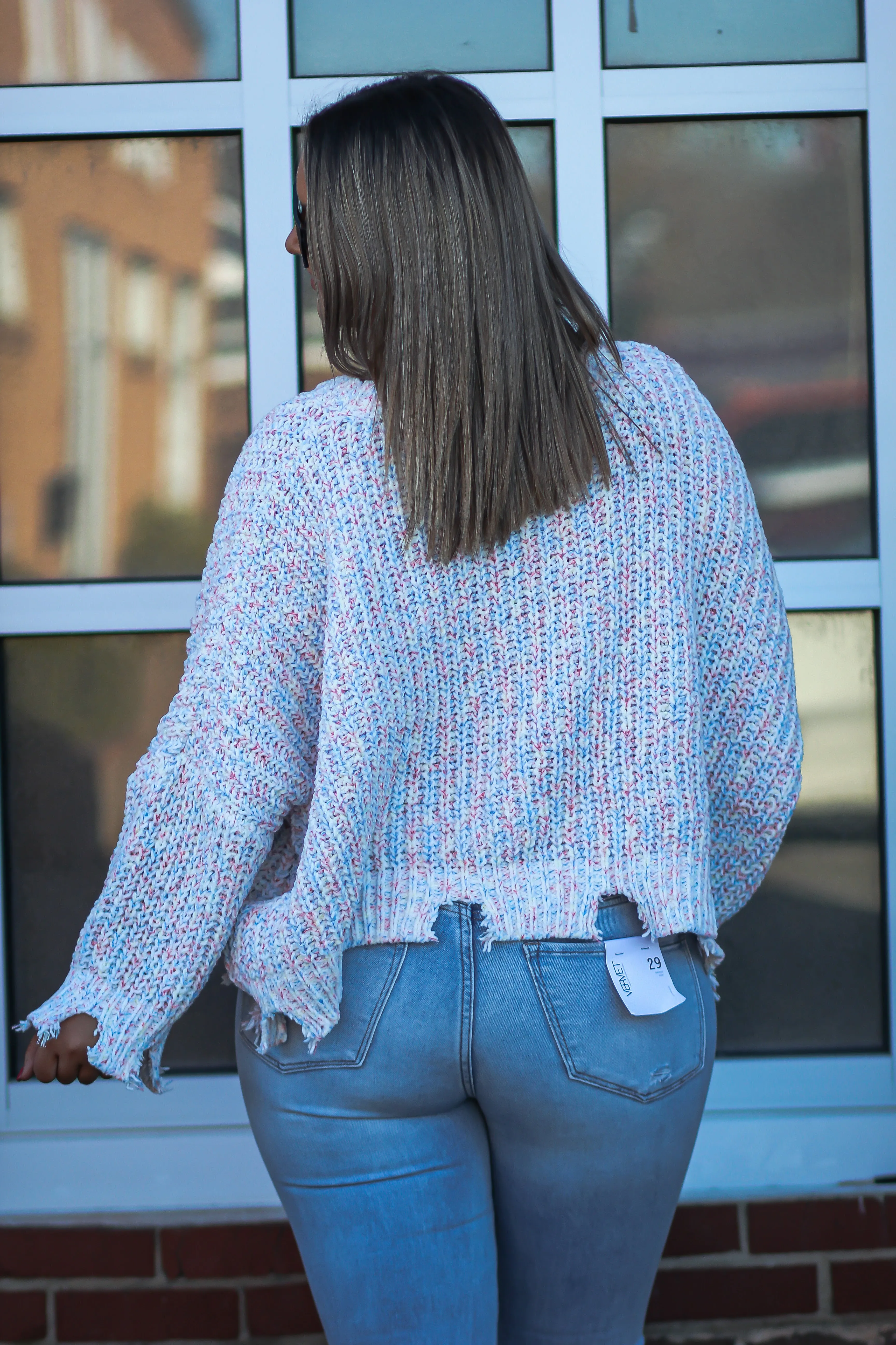 Ivory Multi Color Distressed Hem Sweater