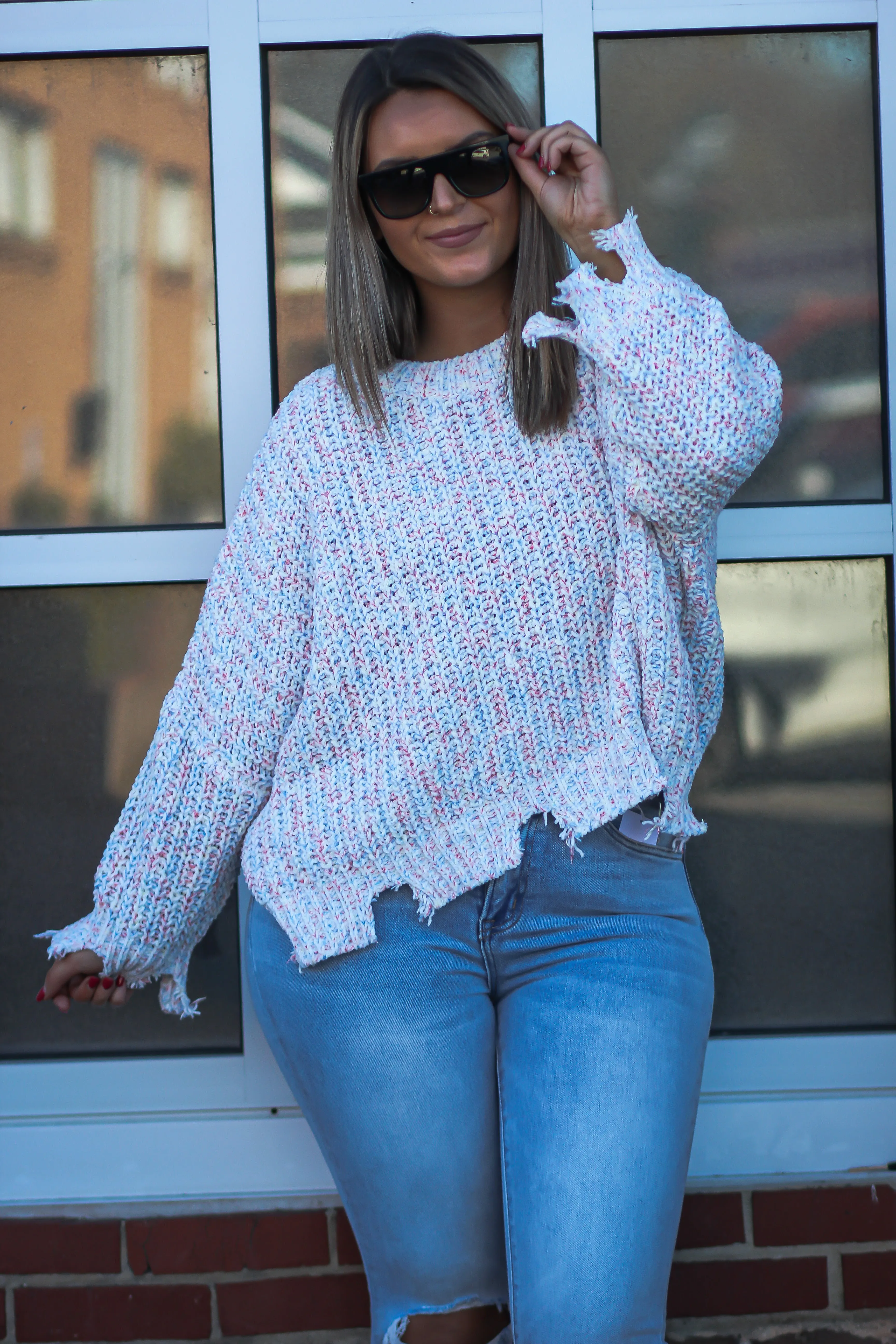 Ivory Multi Color Distressed Hem Sweater