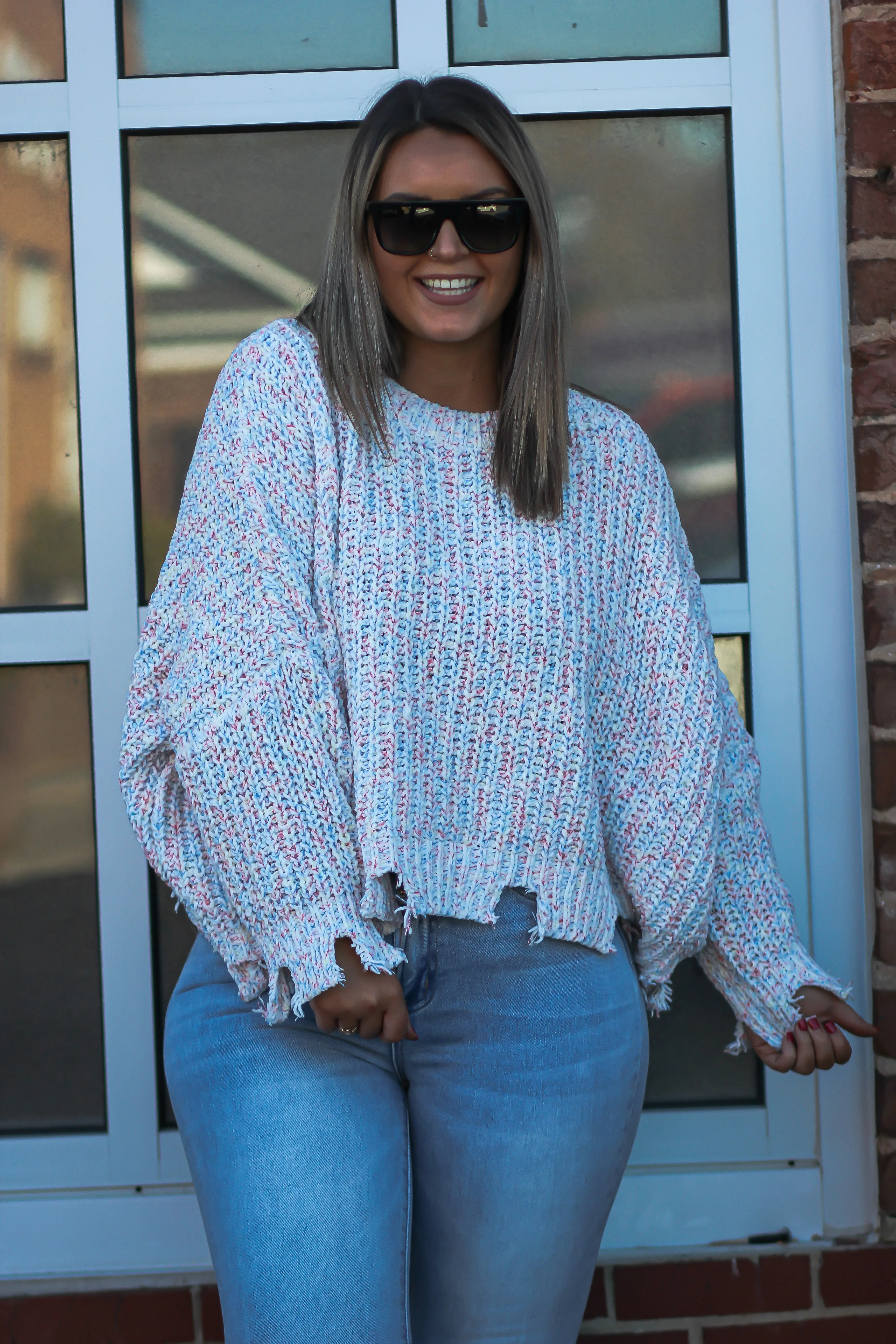 Ivory Multi Color Distressed Hem Sweater