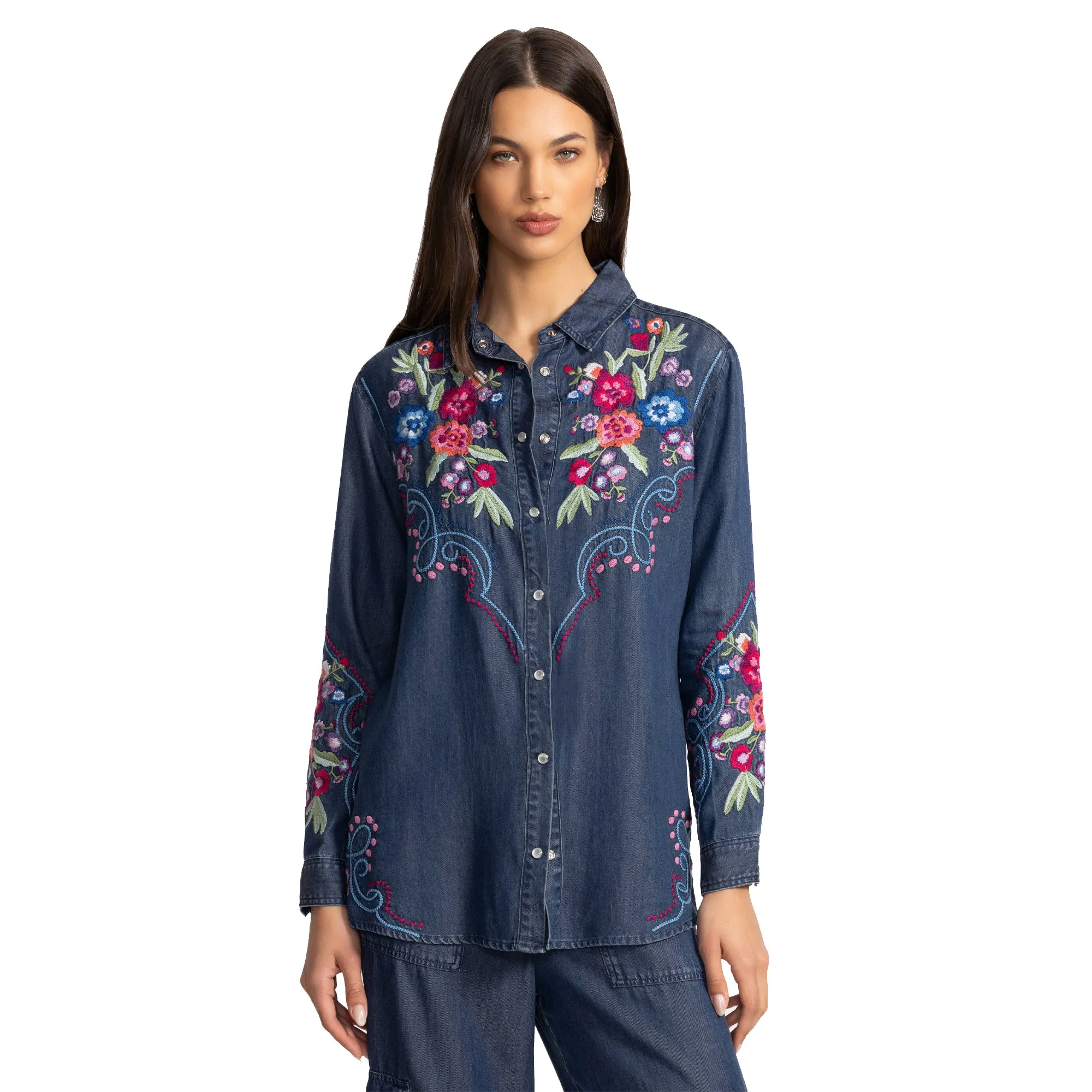 Johnny Was Buttondown Oversized Shirt Tunic DITA Floral Embroidery Denim Blue Top NEW