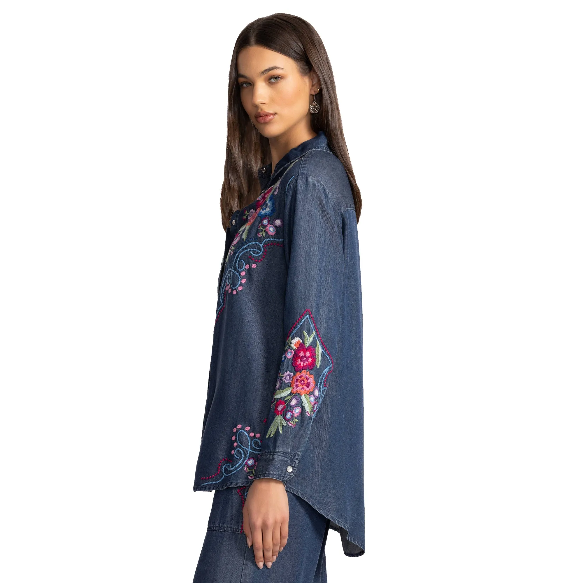 Johnny Was Buttondown Oversized Shirt Tunic DITA Floral Embroidery Denim Blue Top NEW