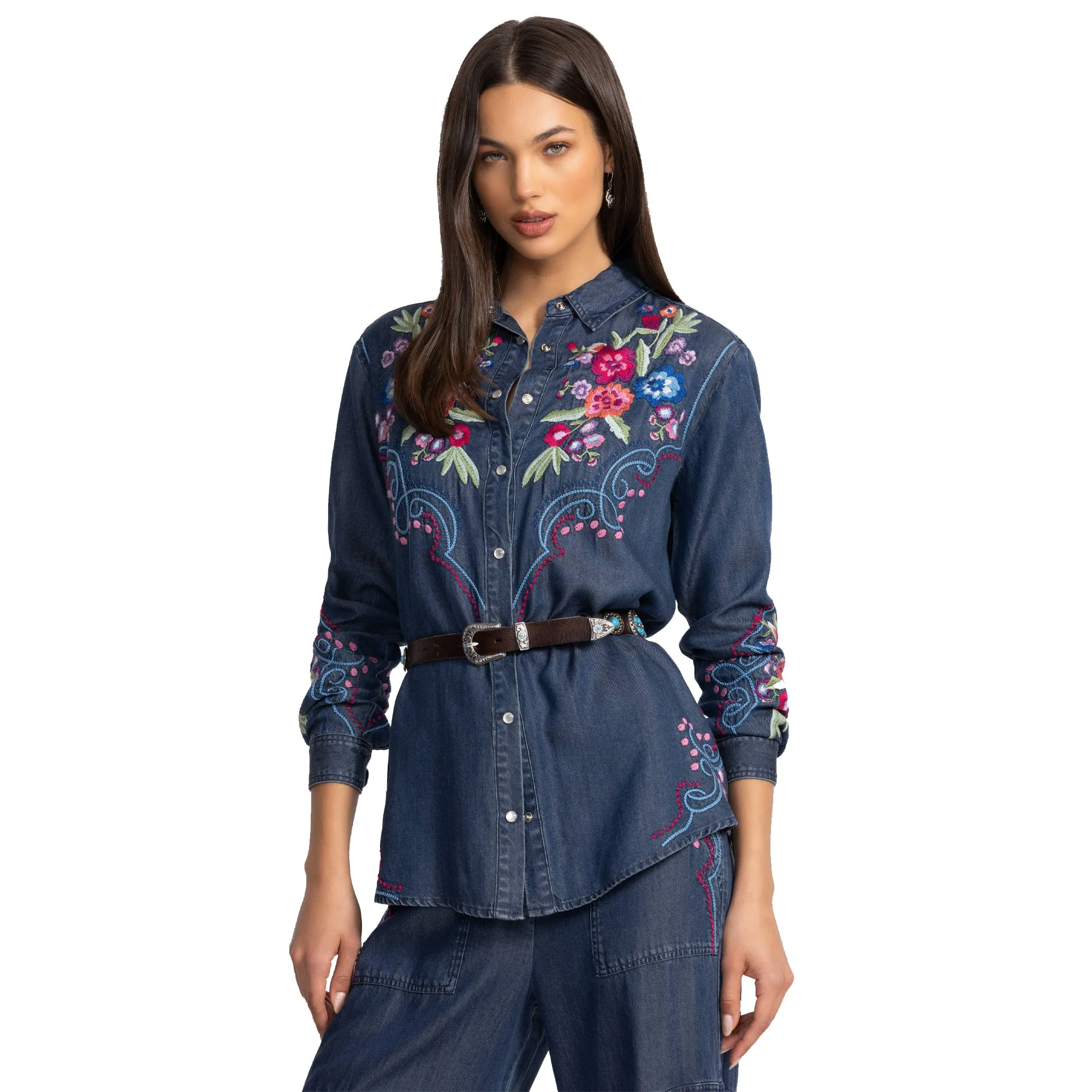 Johnny Was Buttondown Oversized Shirt Tunic DITA Floral Embroidery Denim Blue Top NEW
