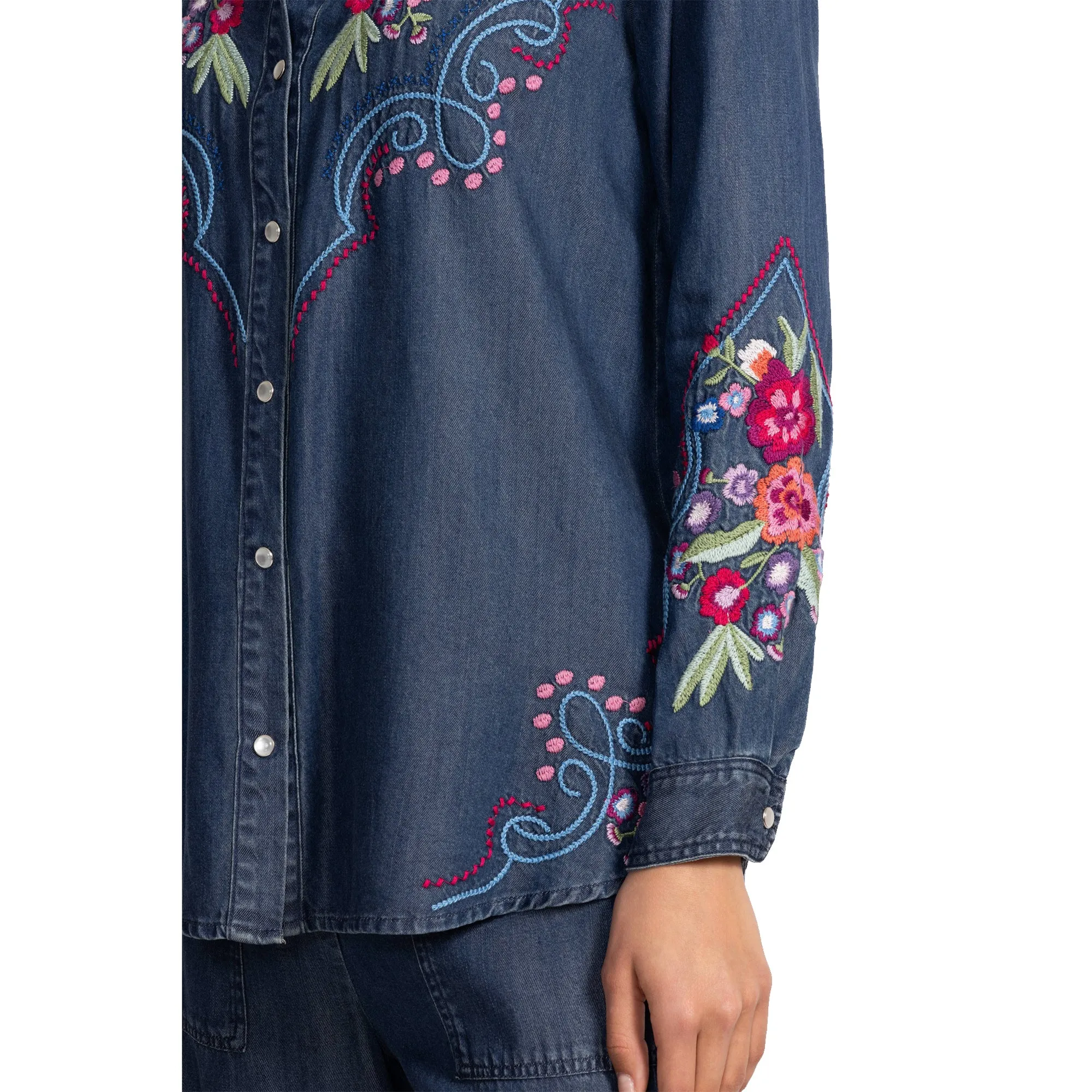 Johnny Was Buttondown Oversized Shirt Tunic DITA Floral Embroidery Denim Blue Top NEW