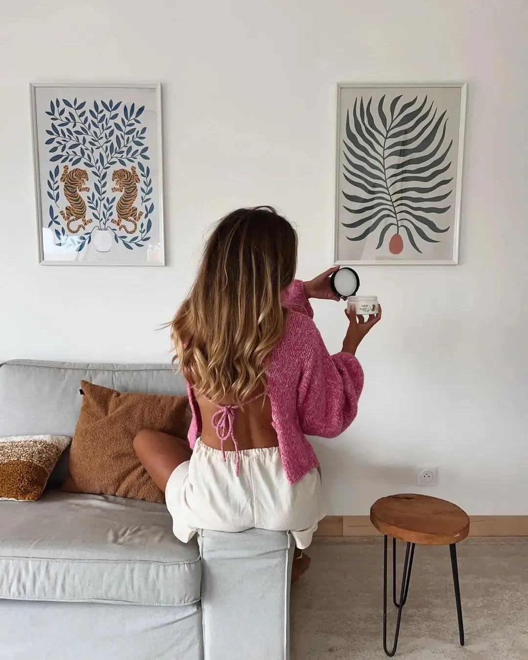 Open back tie pink sweater