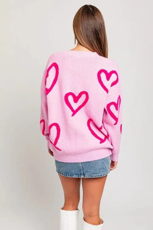 Pink Heart Print Sweater