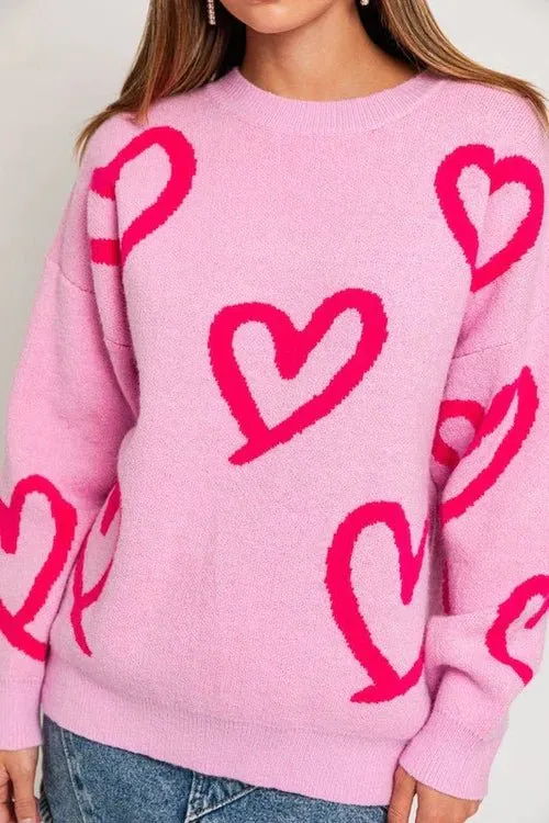 Pink Heart Print Sweater