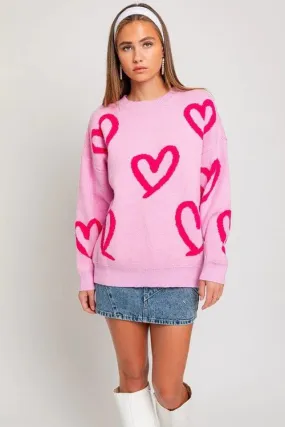 Pink Heart Print Sweater