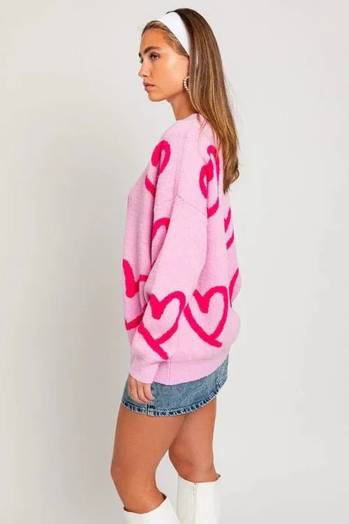 Pink Heart Print Sweater