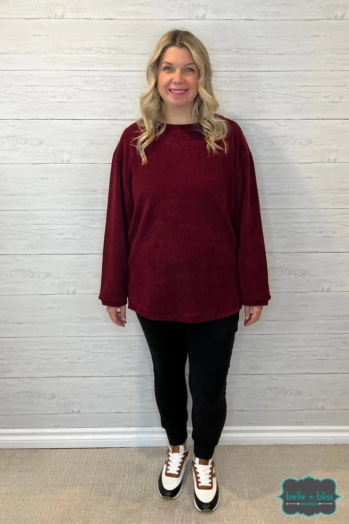 Sarah Corded Pullover - Merlot