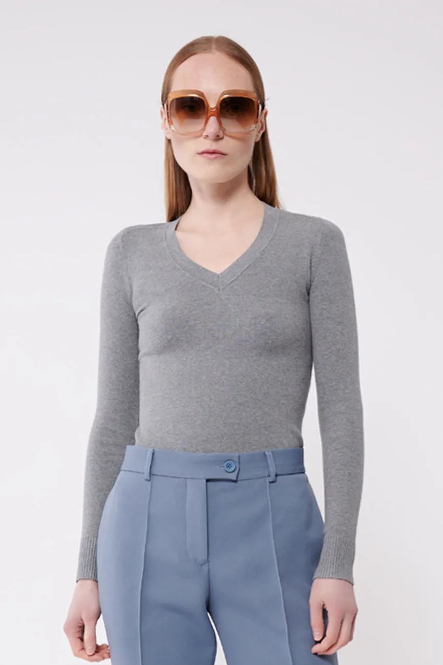 Slate Grey Peachskin Long Sleeve V Neck