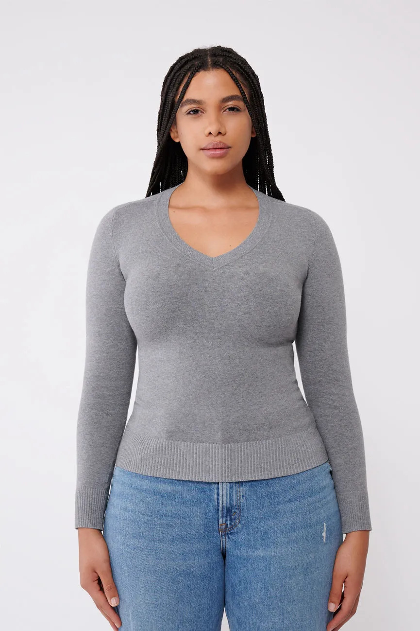 Slate Grey Peachskin Long Sleeve V Neck