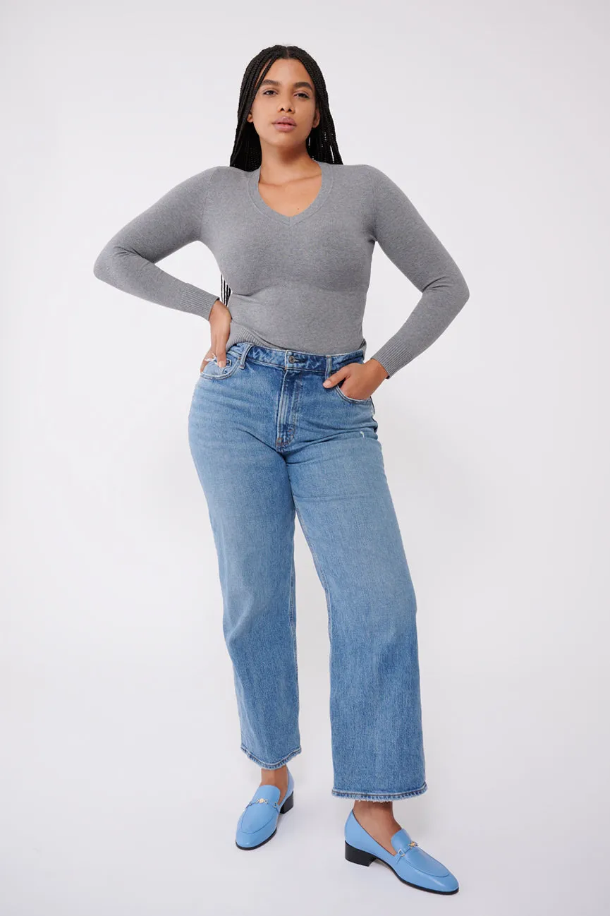 Slate Grey Peachskin Long Sleeve V Neck