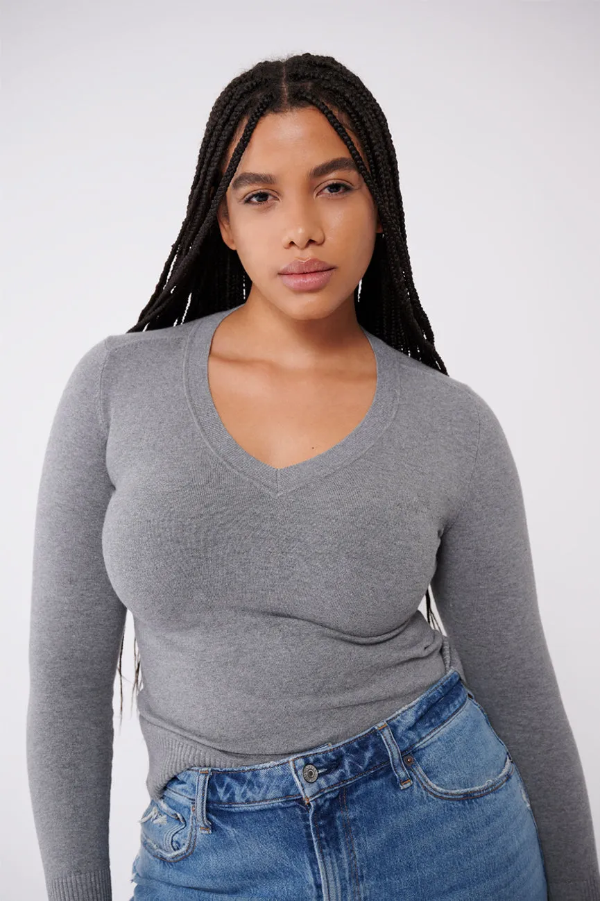 Slate Grey Peachskin Long Sleeve V Neck