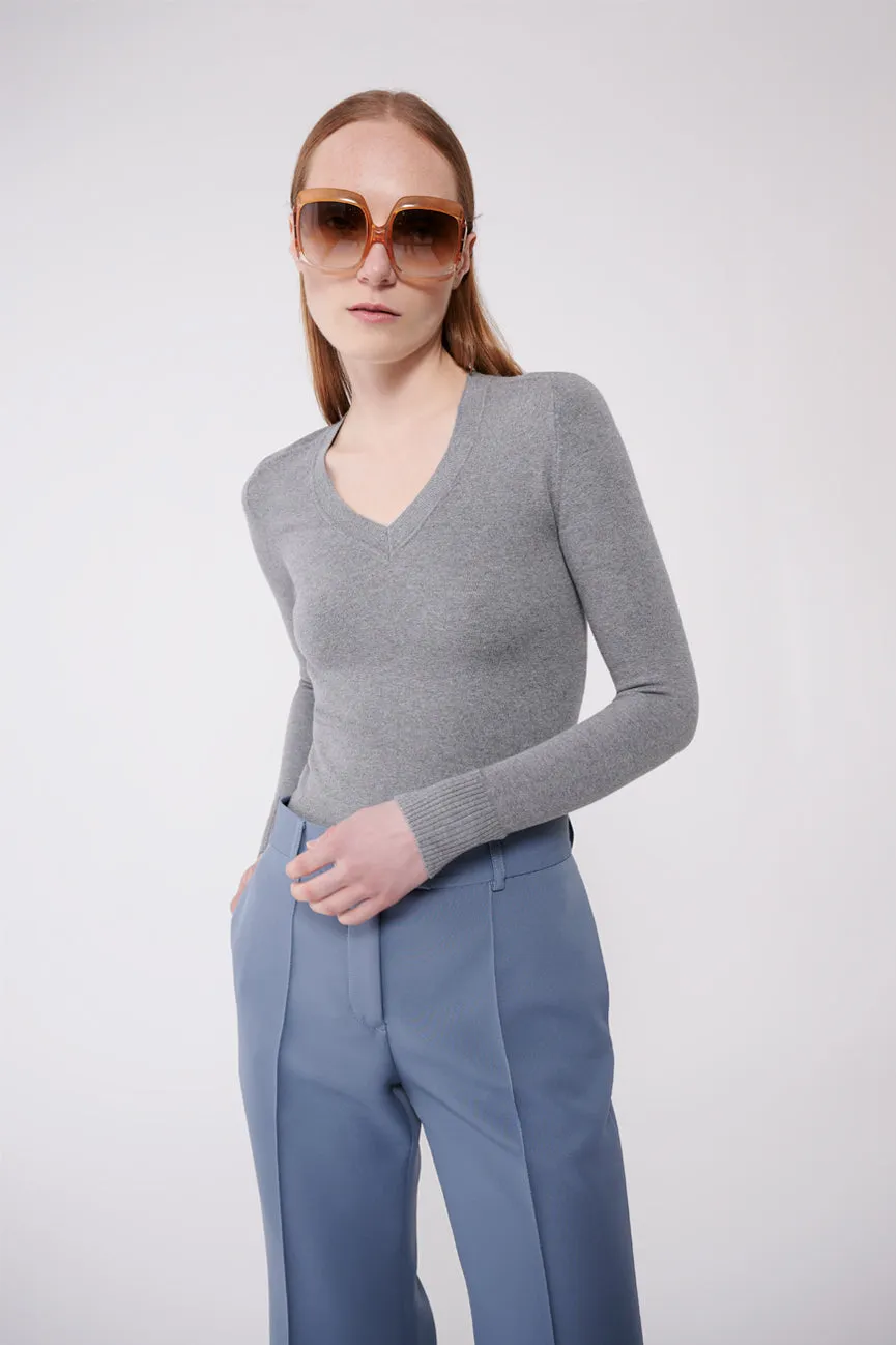 Slate Grey Peachskin Long Sleeve V Neck