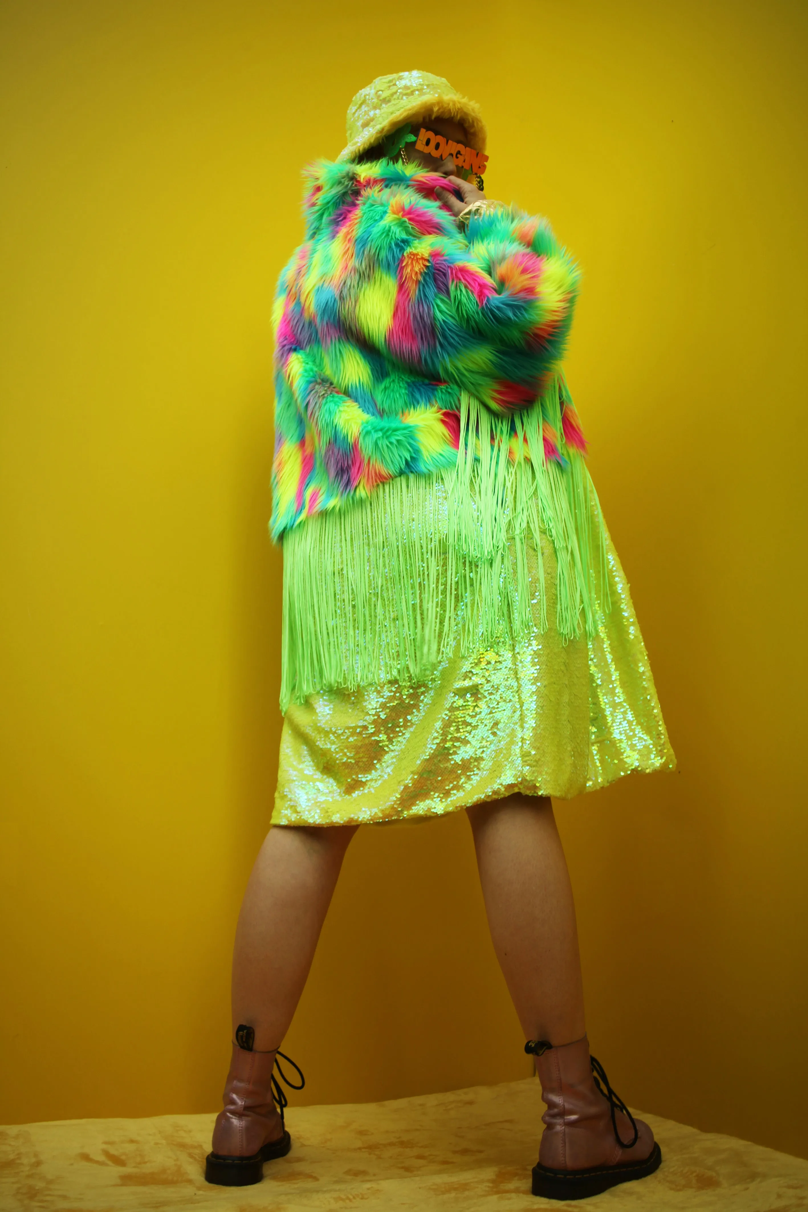 WEAR CARBS X LOONIGANS Neon Faux Fur & Sequin Coat